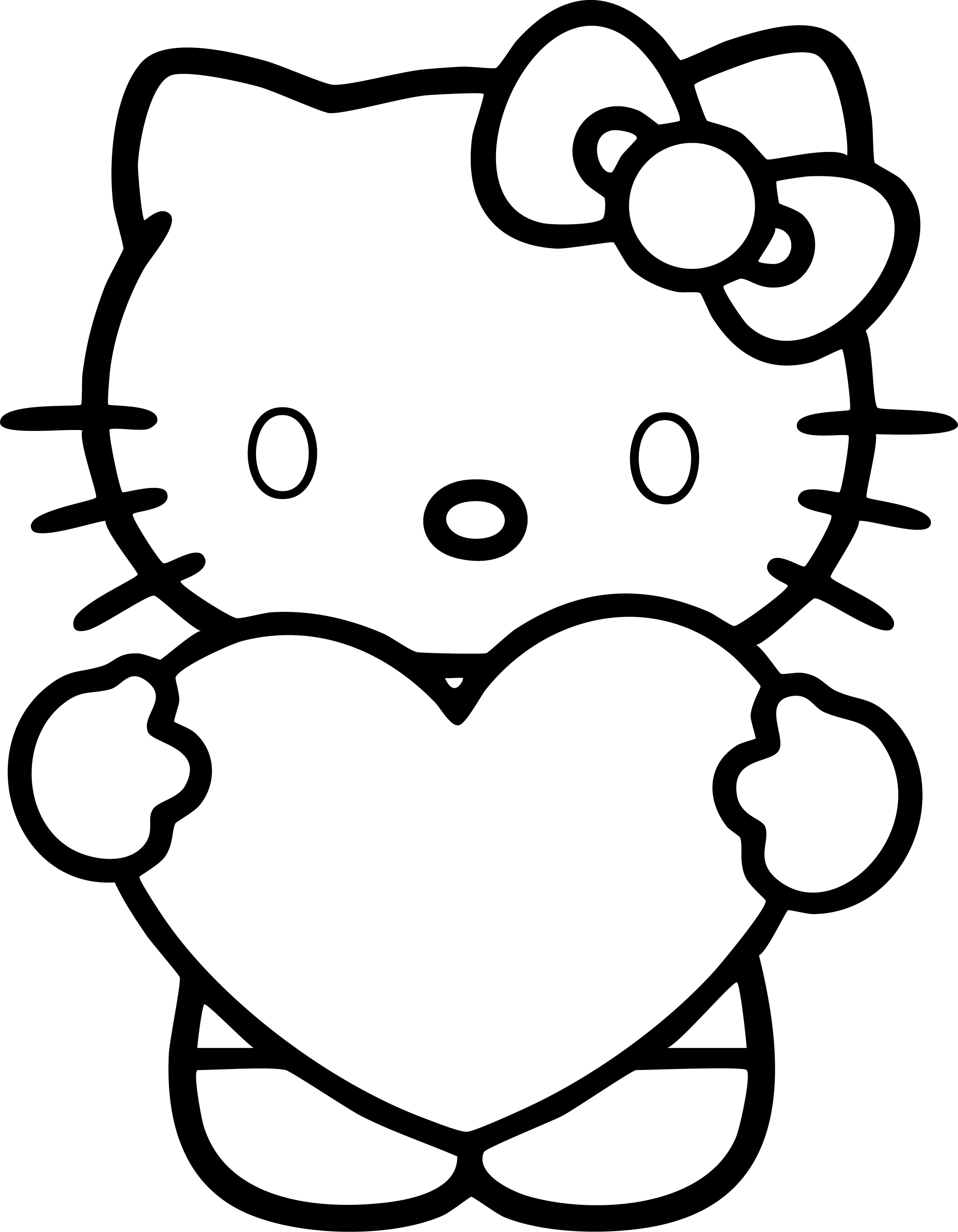 Hello Kitty from Hello Kitty coloring page. She stands facing forward, holding a very large heart with both paws.