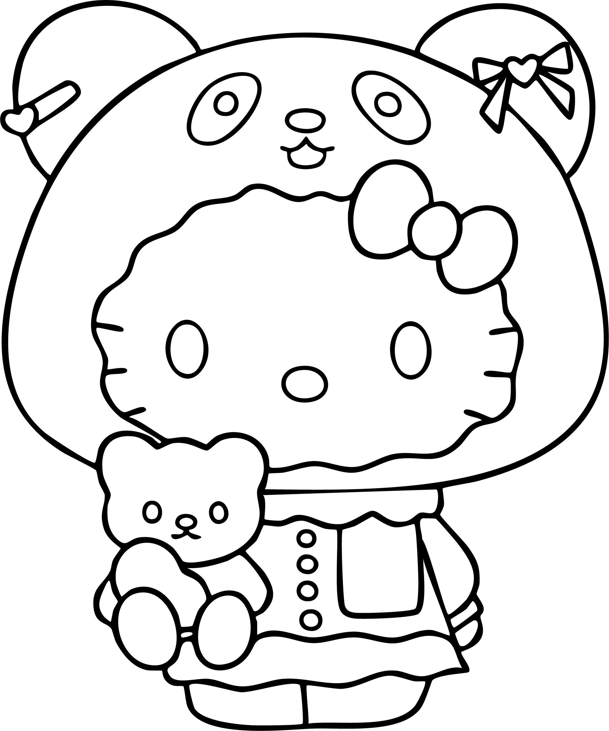 Hello Kitty from Hello Kitty coloring page. In a panda suit holding a tiny teddy bear.