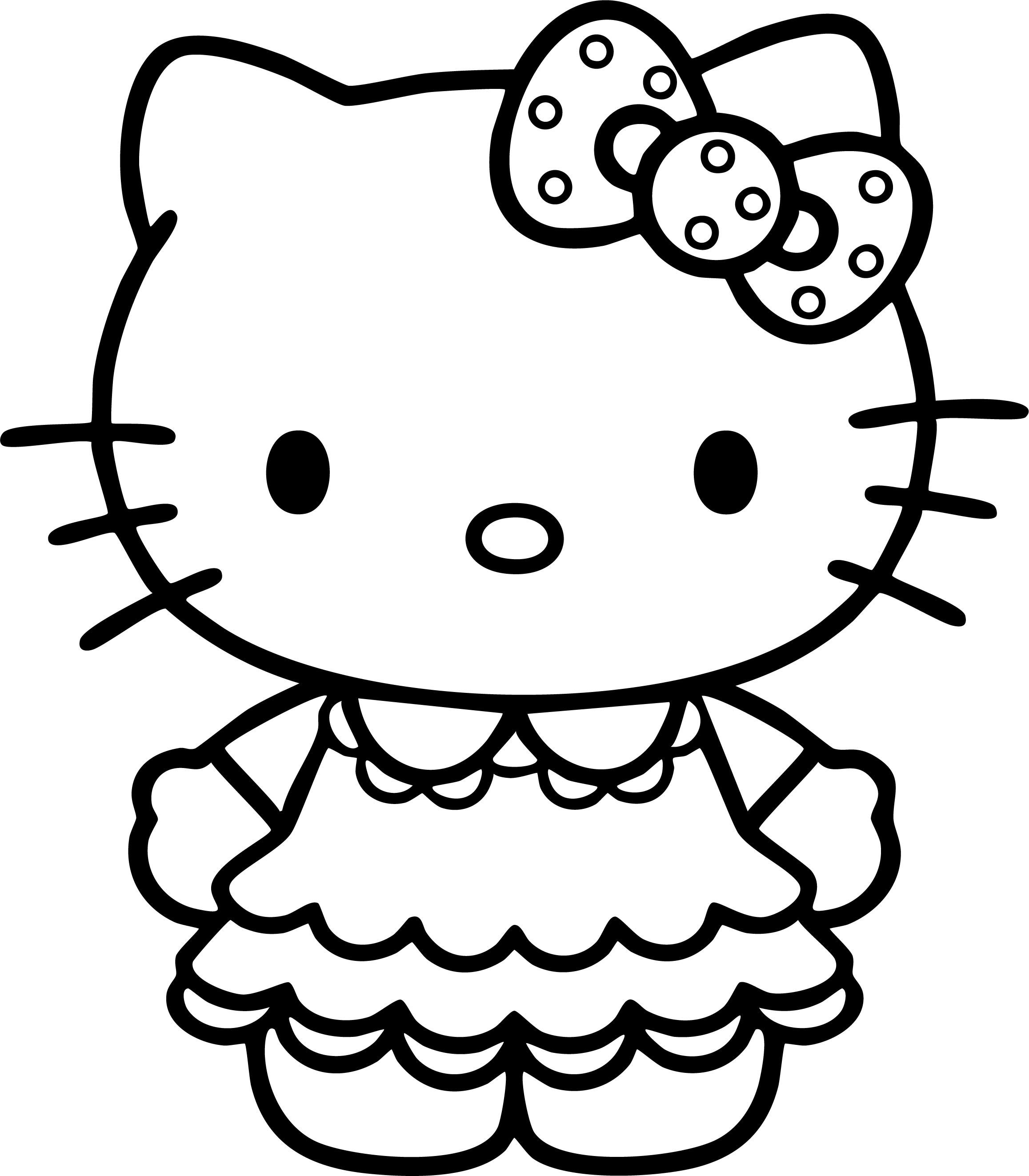 Hello Kitty from Hello Kitty coloring page. Standing and wearing a fancy ruffled dress.