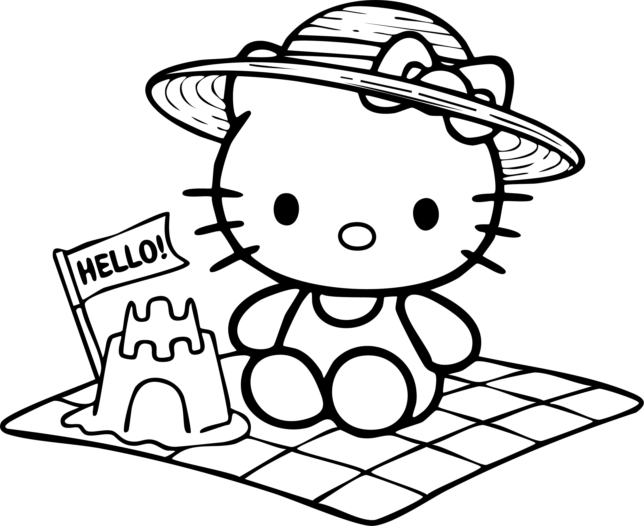 Hello Kitty from Hello Kitty coloring page. Sitting by a sandcastle wearing a straw hat.