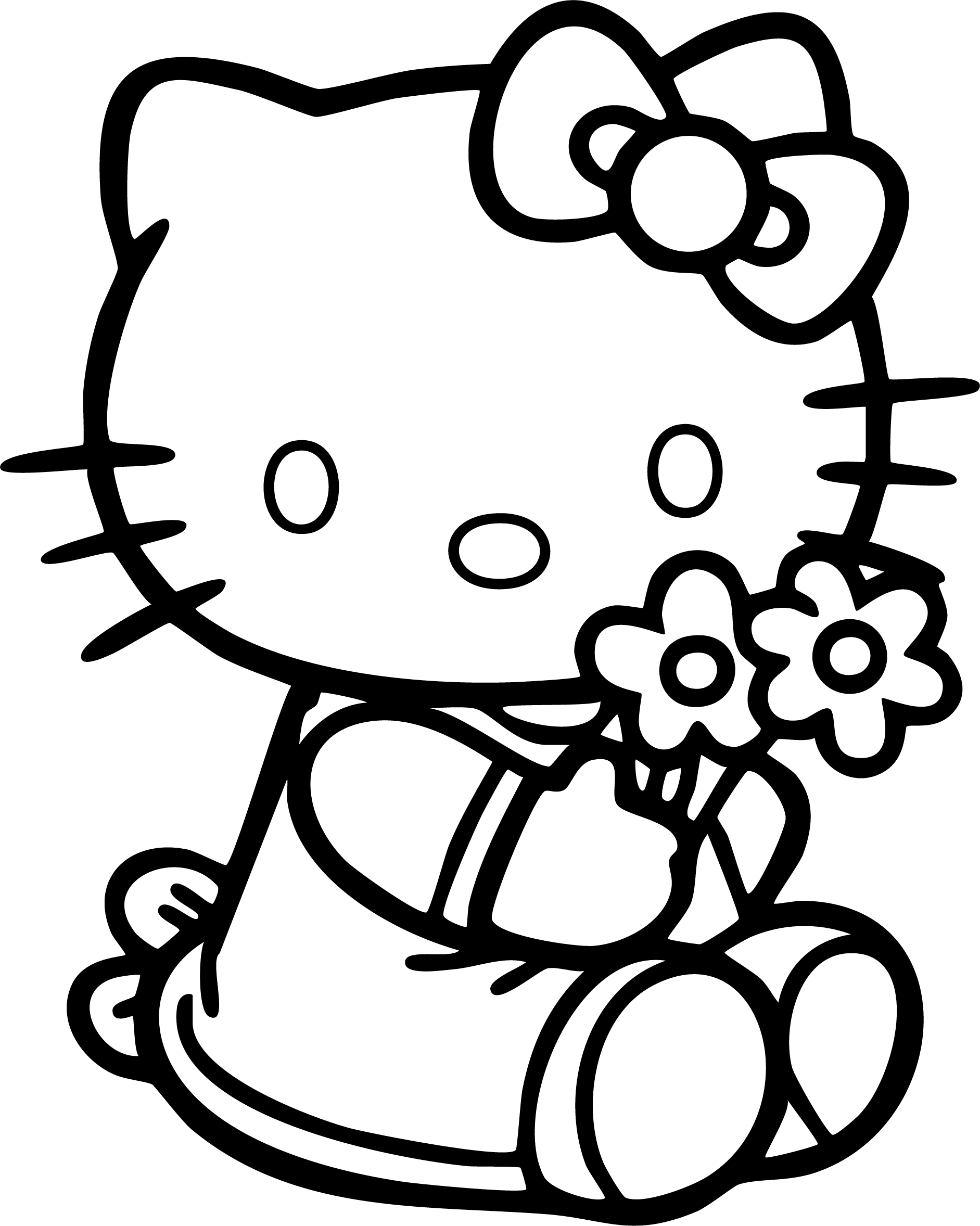 Hello Kitty from Hello Kitty coloring page. Sitting down and holding a small bunch of two flowers.