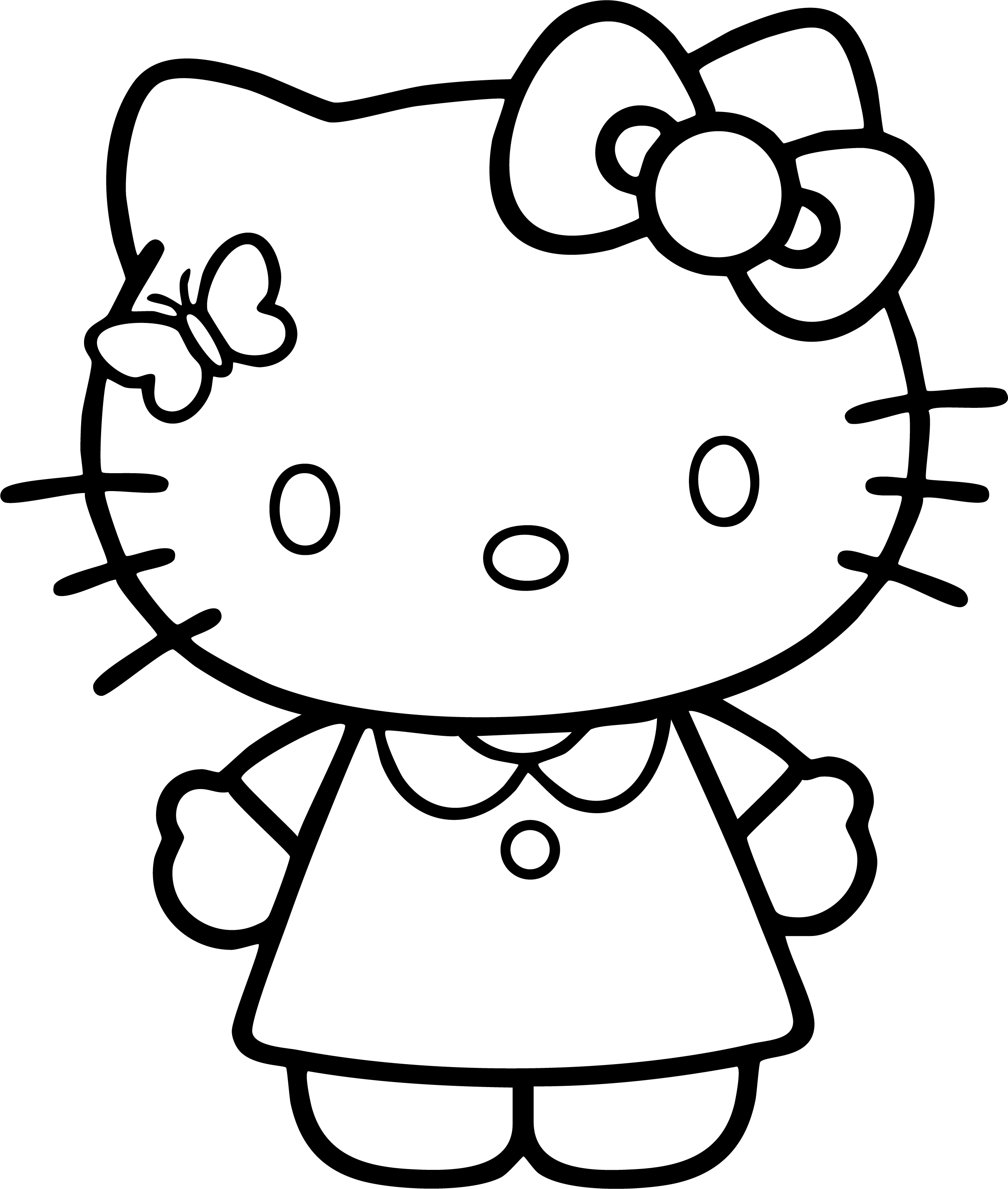 Hello Kitty from Hello Kitty coloring page. Standing and looking straight ahead, with a small butterfly flying nearby.