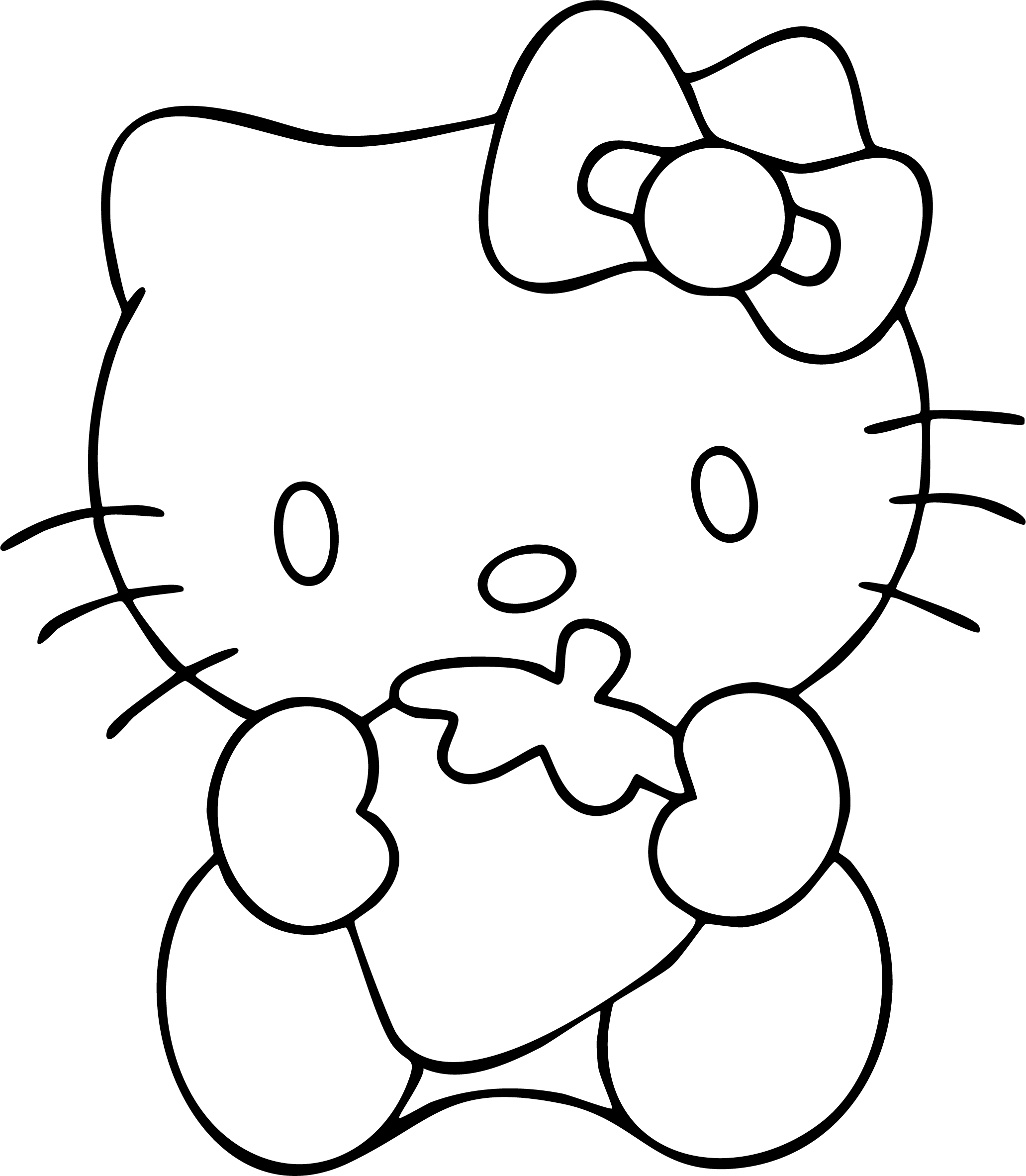 Hello Kitty from Hello Kitty coloring page. Sitting and eating a large strawberry.