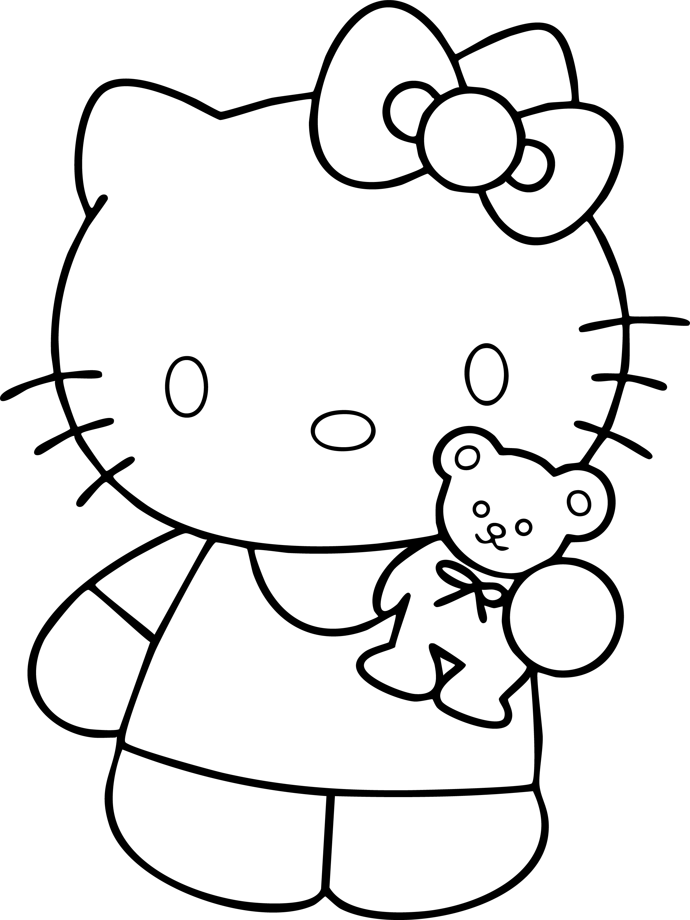 Hello Kitty from Hello Kitty coloring page. Wearing a t-shirt, holding a small teddy bear. Simple line art.