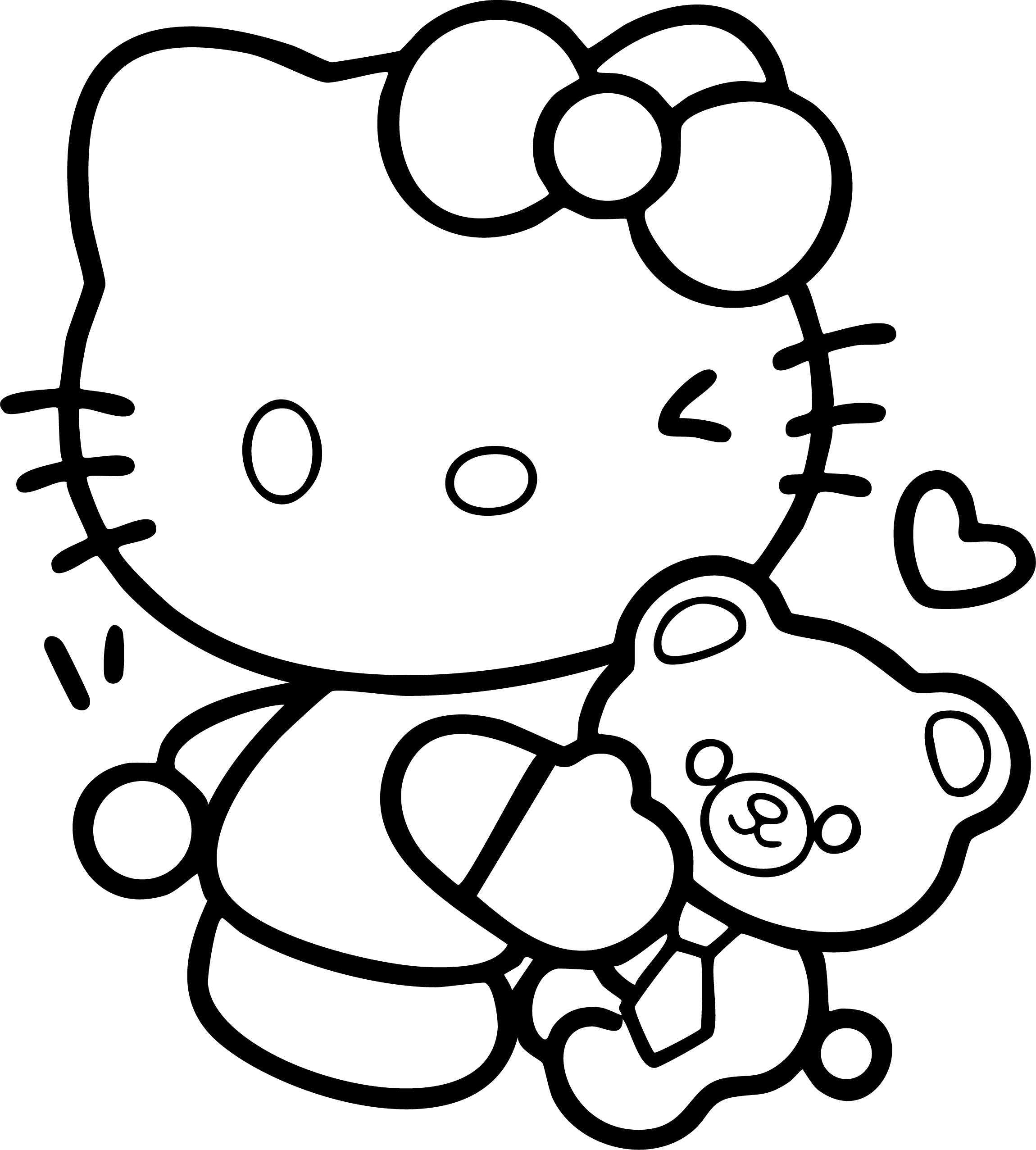Hello Kitty from Hello Kitty coloring page. She hugs a small teddy bear, accompanied by a small floating heart.