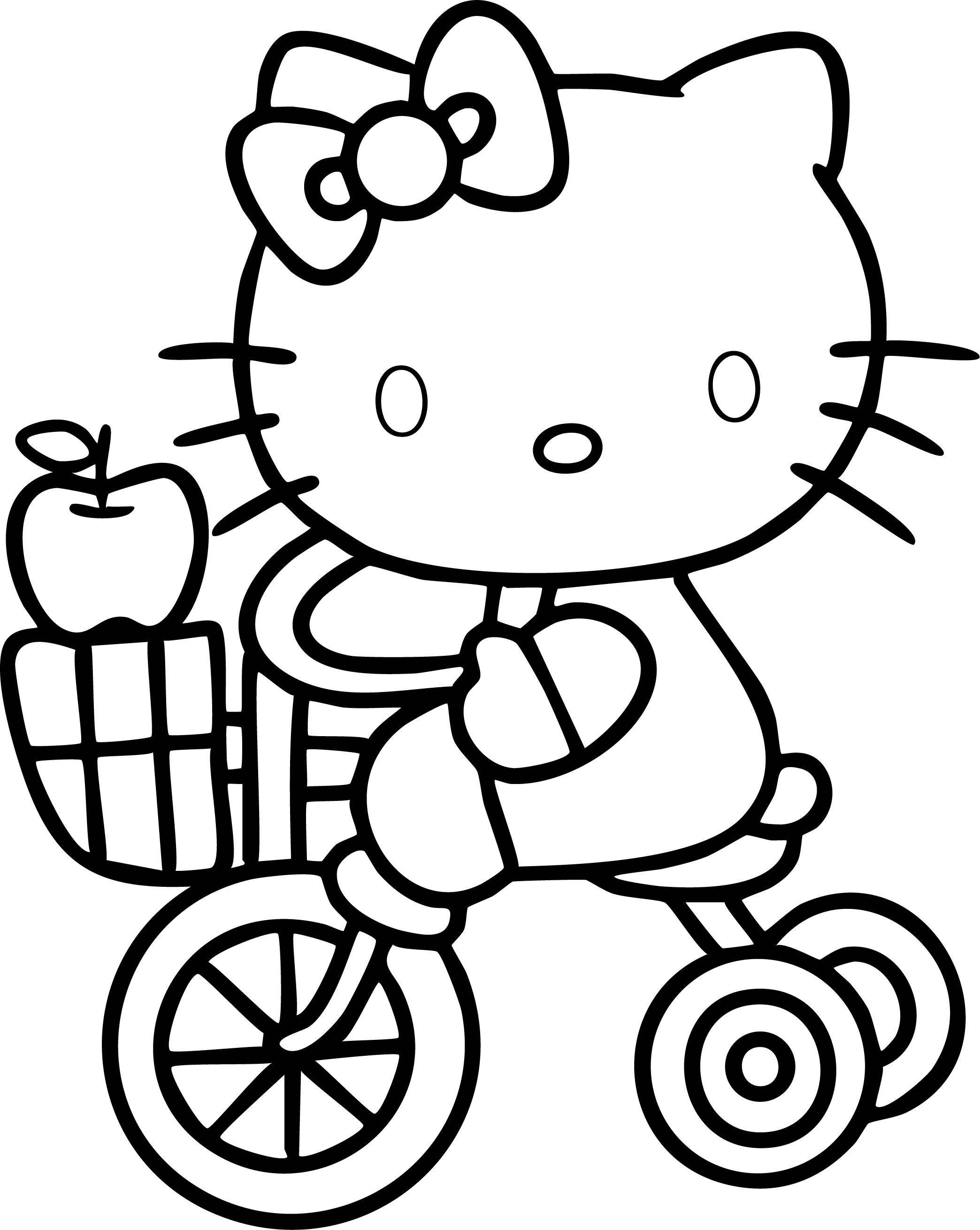 Hello Kitty from Hello Kitty coloring page. Riding a tricycle with apples in the basket.