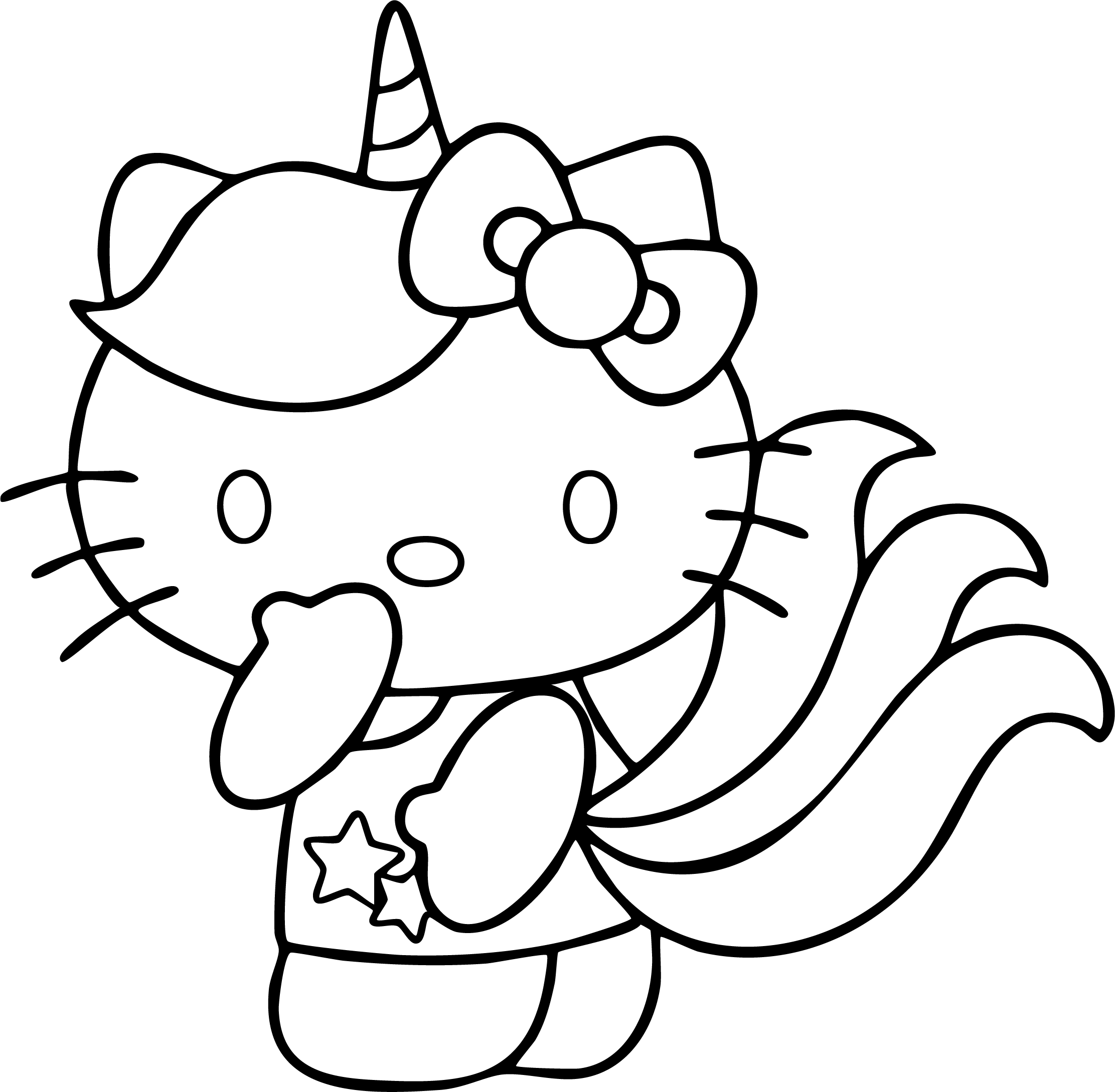 Hello Kitty from Hello Kitty coloring page. As a unicorn with a horn, tail, and star-patterned shirt.