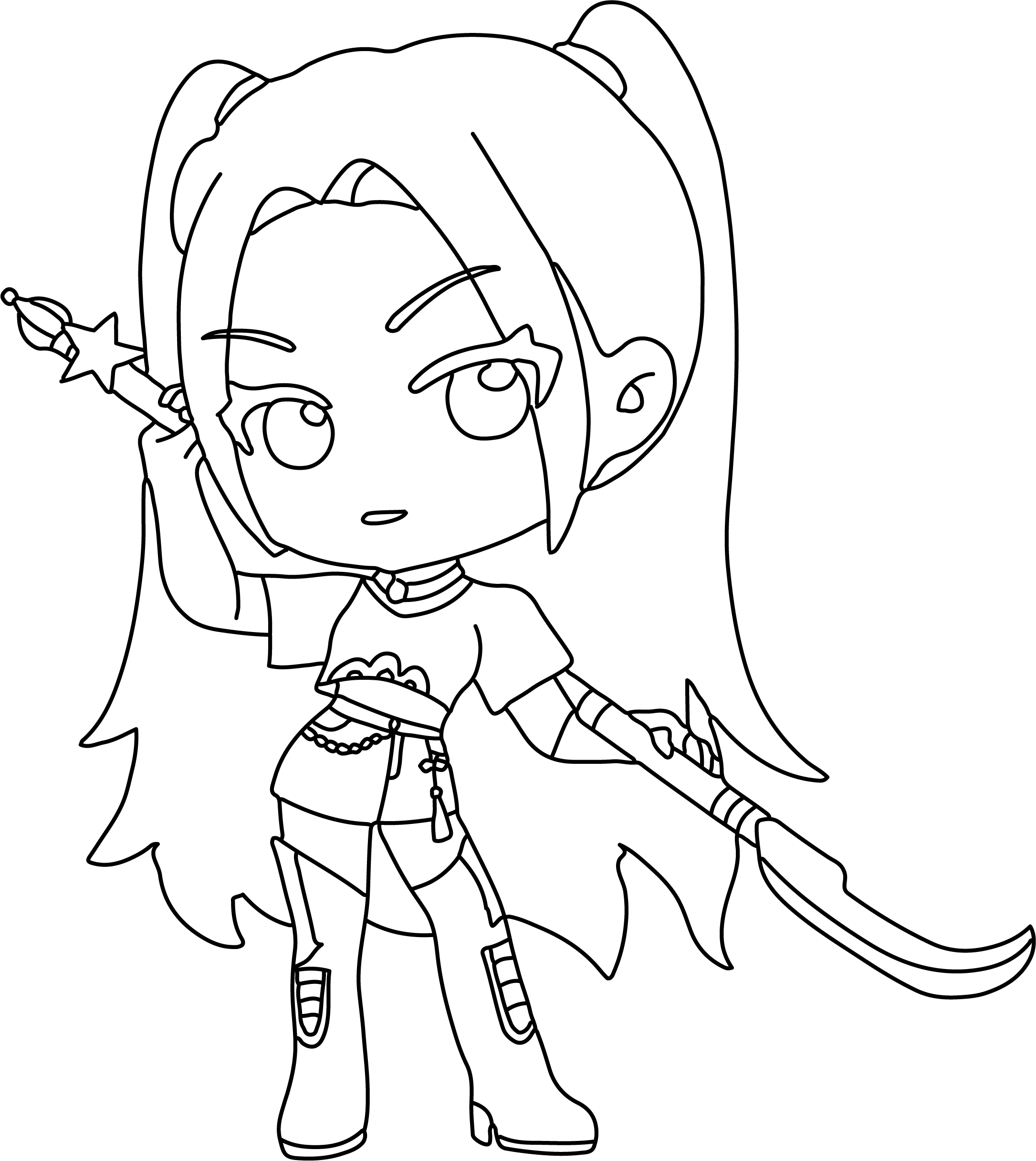 Mira from KPop Demon Hunters coloring page. Pink twin tails, dynamic pose holding a long scythe.