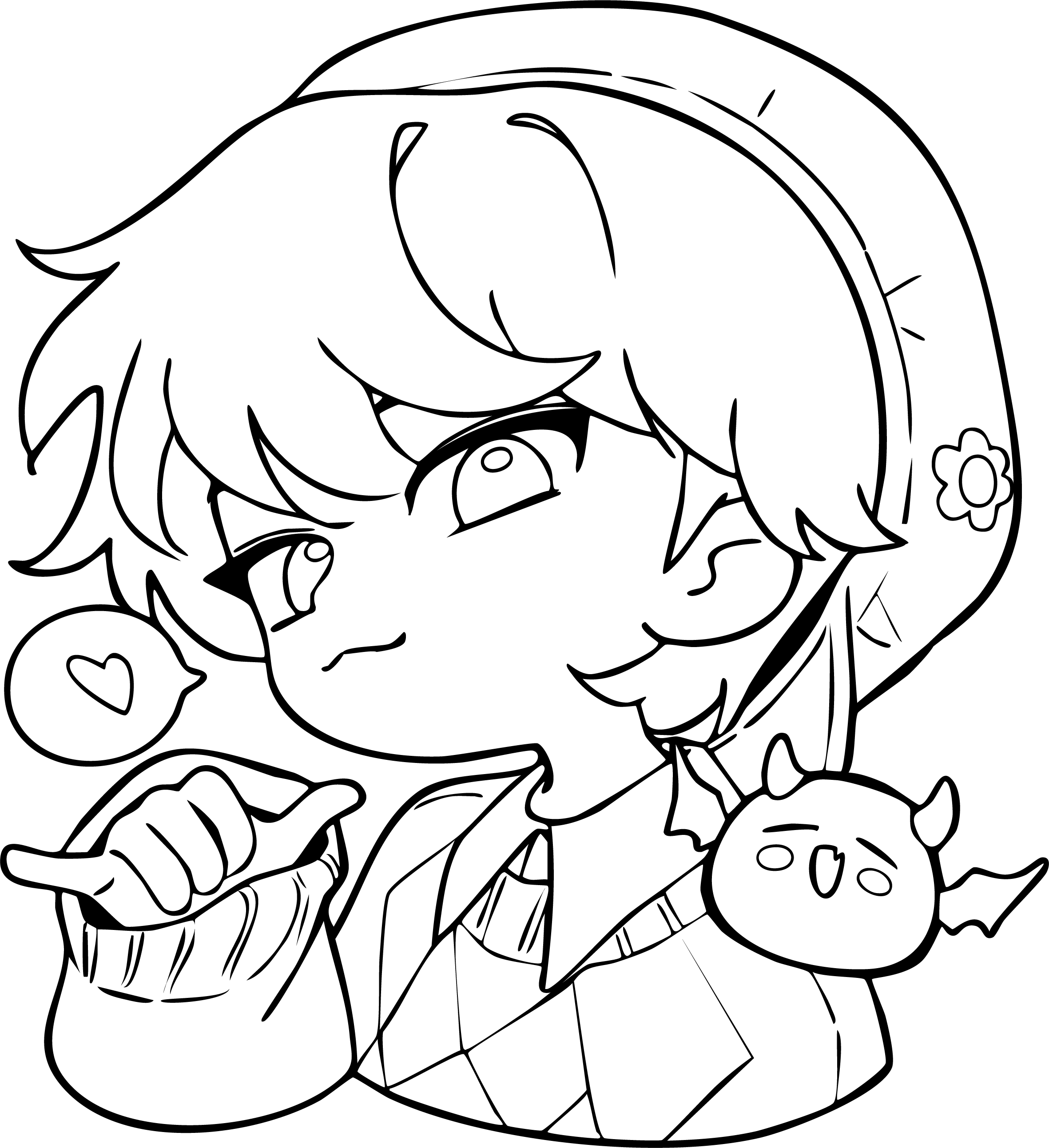 Baby from KPop Demon Hunters coloring page. Teal hair with a yellow beanie and a small cyan demon companion.