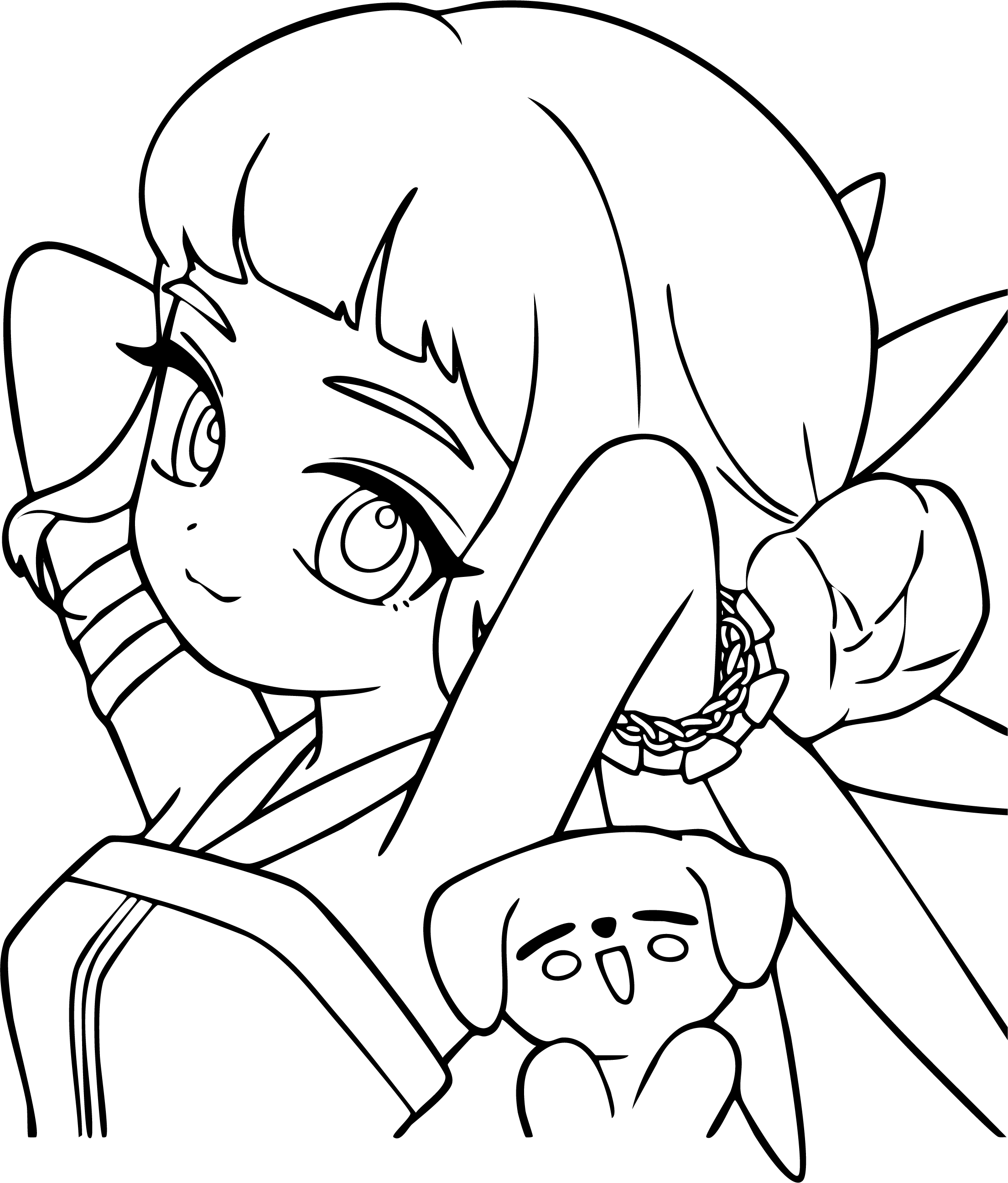 Zoey from KPop Demon Hunters coloring page. Relaxing with dark space buns and a small white puppy.