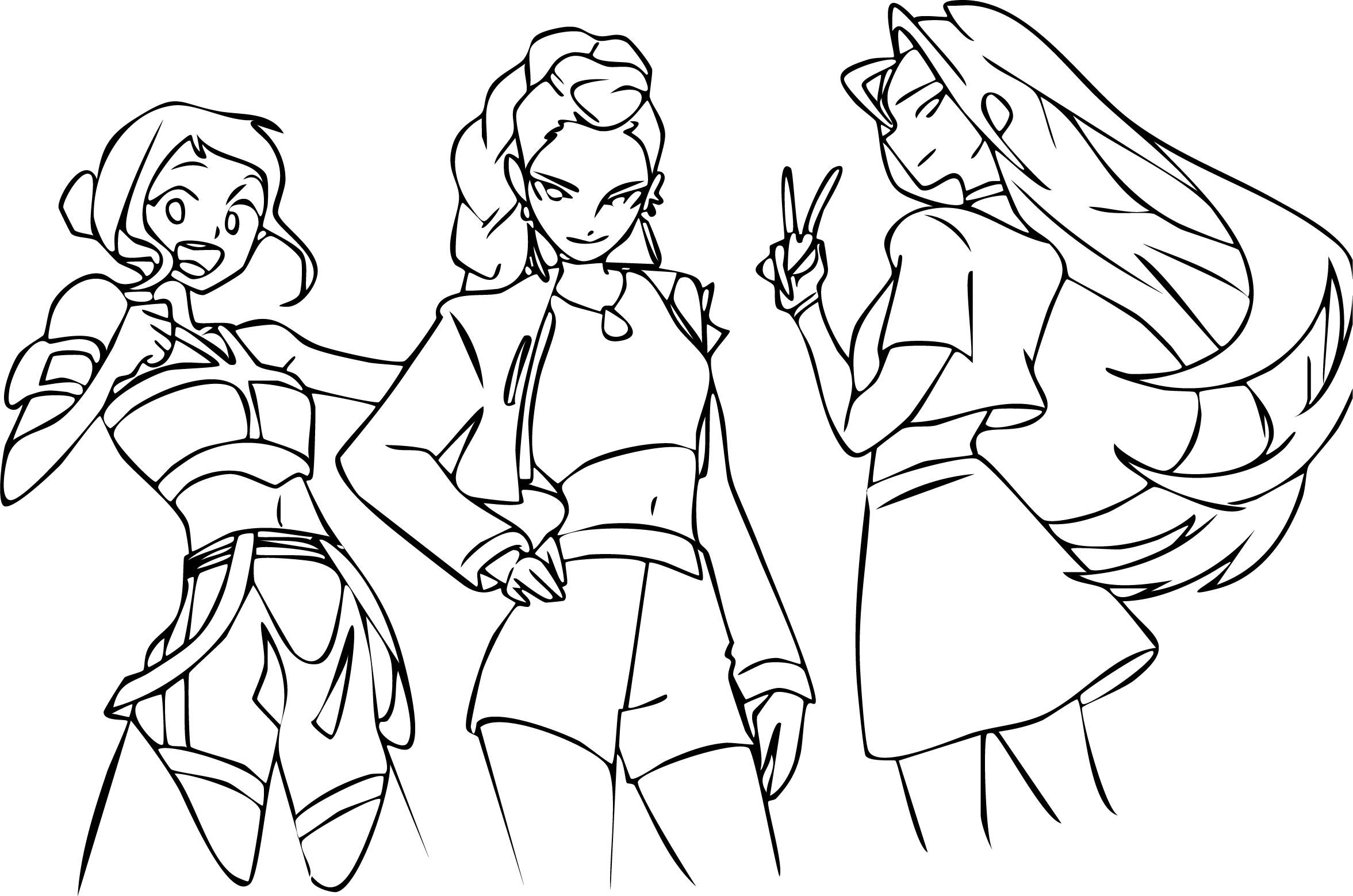 Huntrix Team from KPop Demon Hunters coloring page. The three girls posing confidently in stylish streetwear outfits.