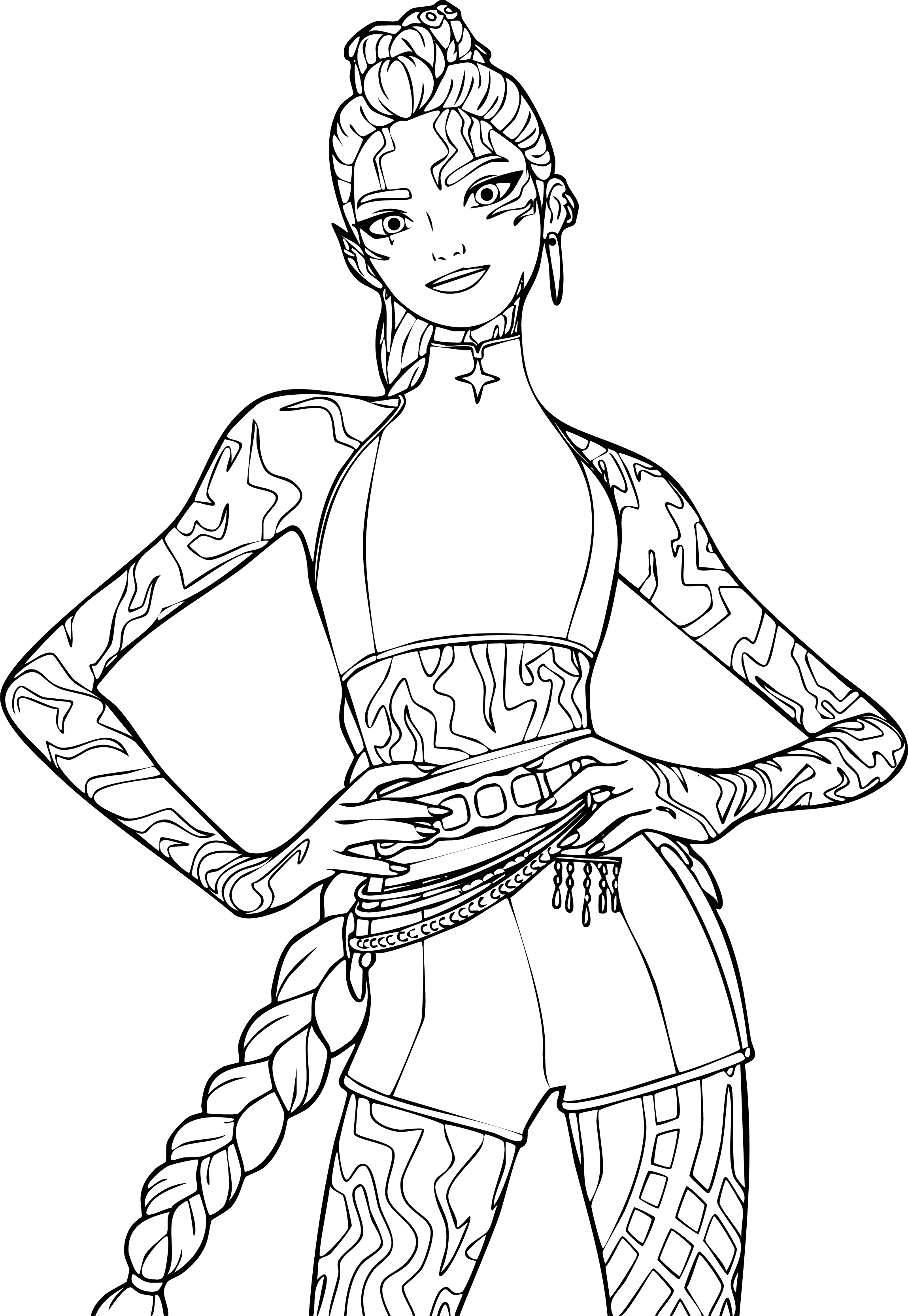Rumi from KPop Demon Hunters coloring page. 3D render showing her purple braid and white outfit with glowing arm patterns.