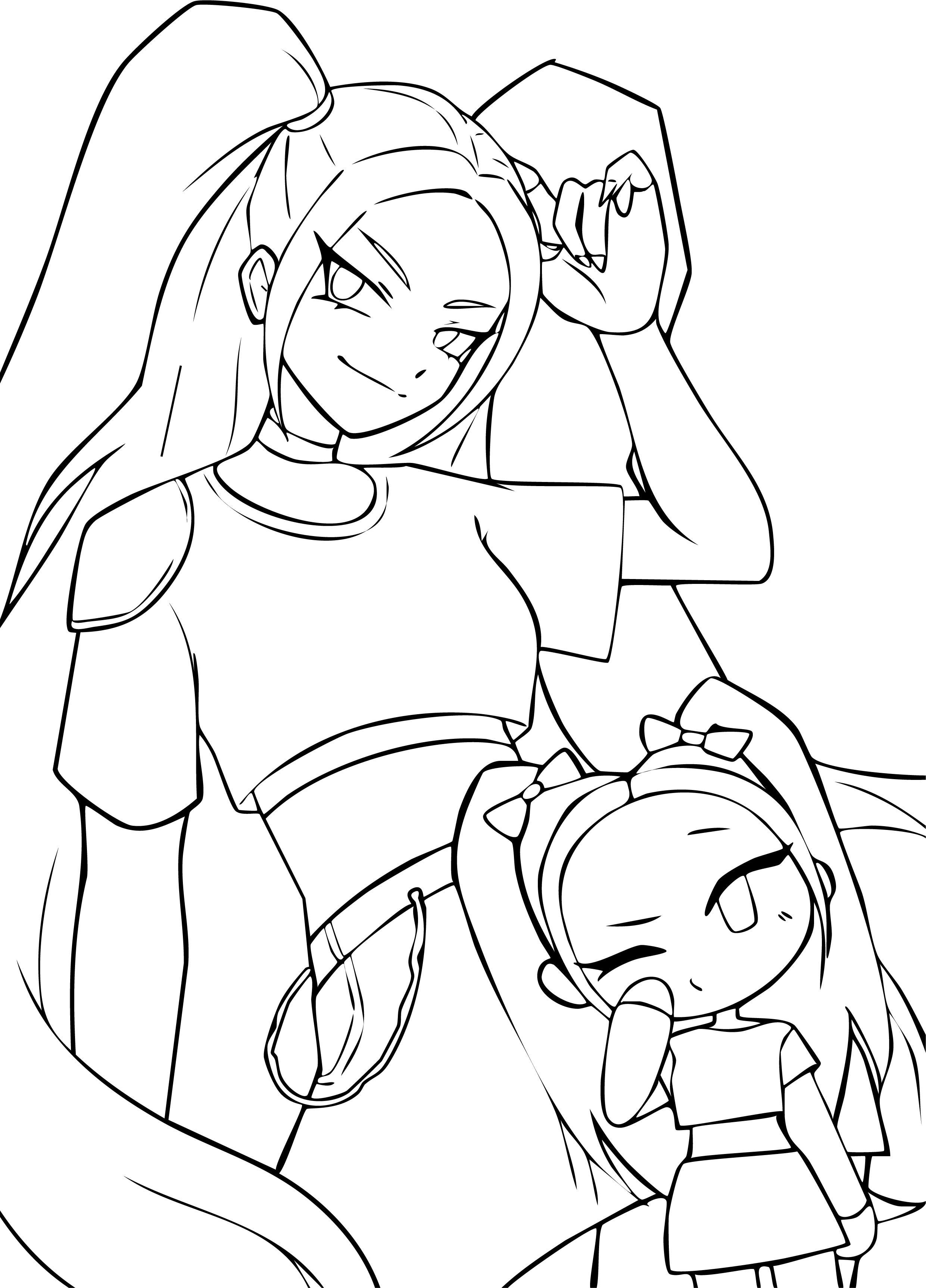 Mira from KPop Demon Hunters coloring page. Pink twin tails, black t-shirt, yellow skirt, in two illustrative styles.
