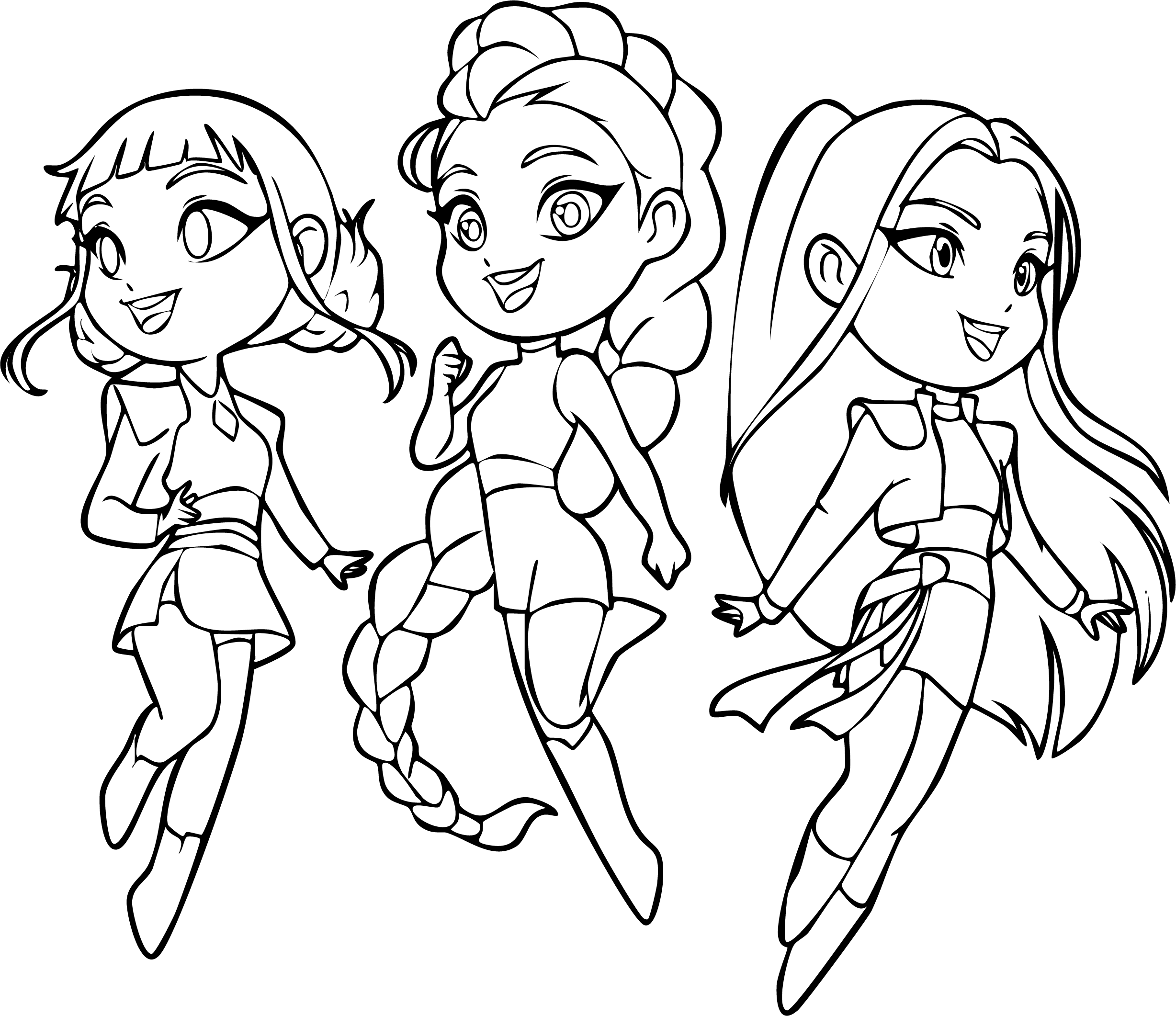Huntrix Team from KPop Demon Hunters coloring page. Chibi Rumi, Mira, and Zoey, floating in a row.