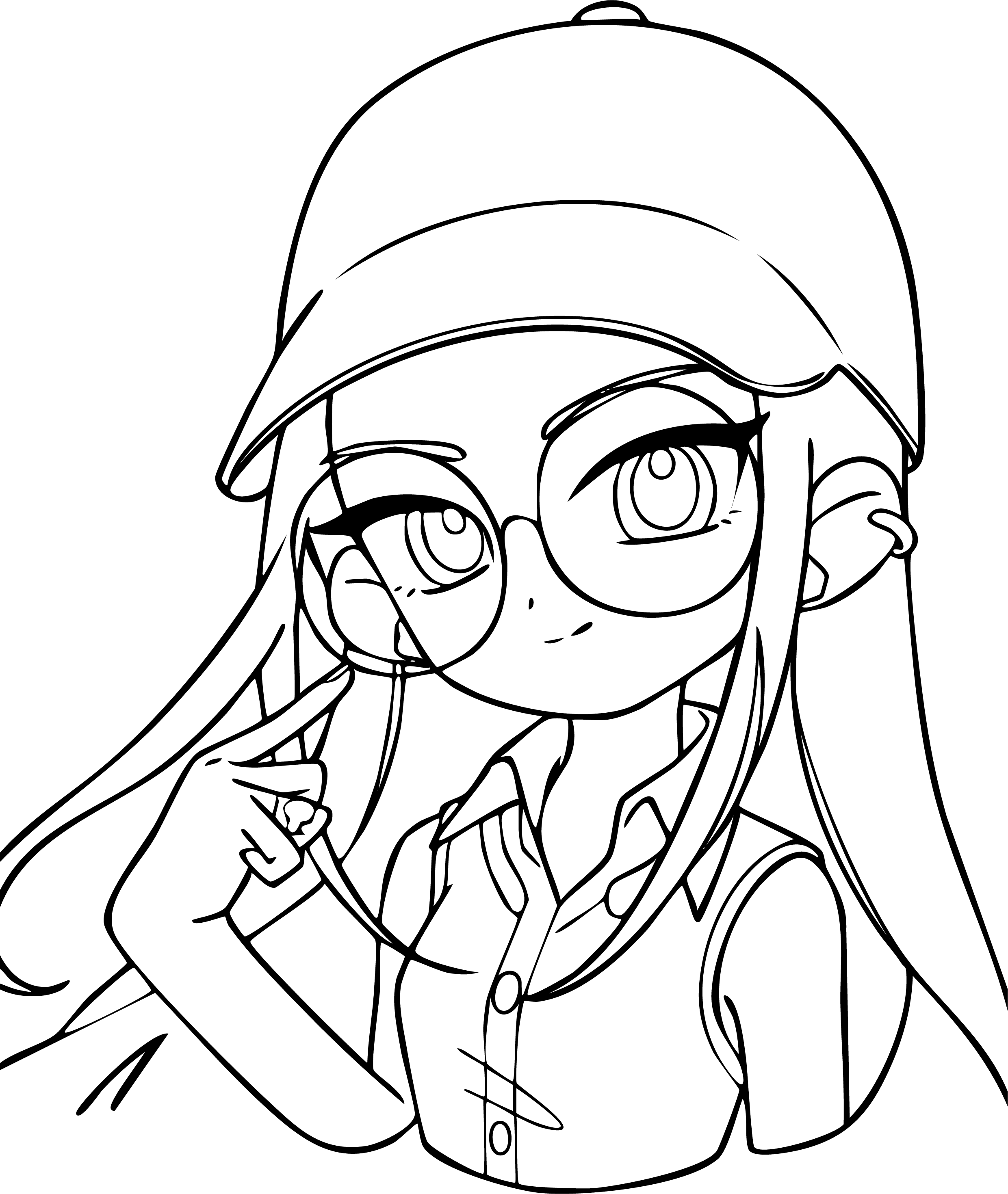 Mira from KPop Demon Hunters coloring page. Long pink hair and round glasses with a bear pet.