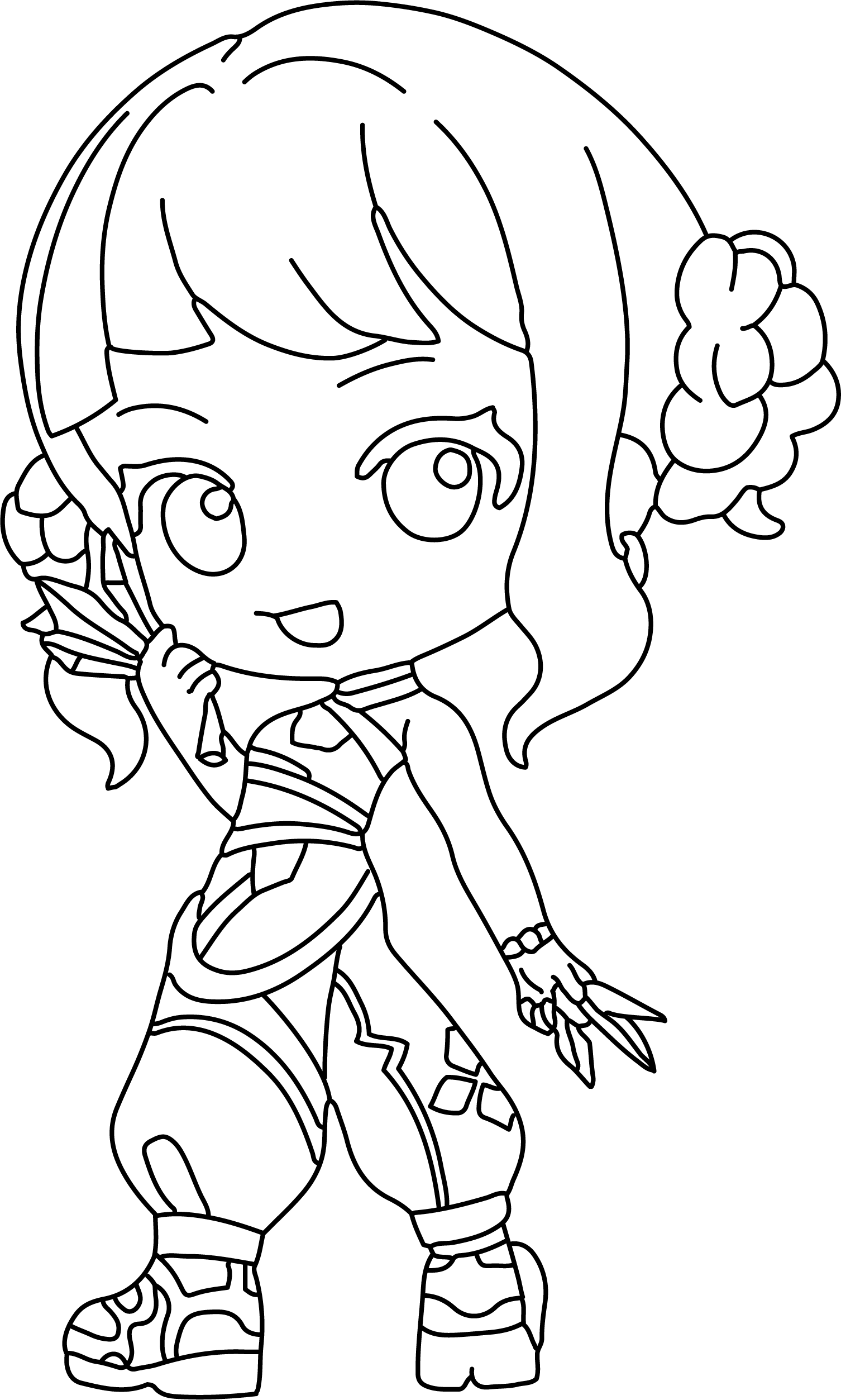 Zoey from KPop Demon Hunters coloring page. Black space buns, holding dual glowing daggers in dynamic pose.