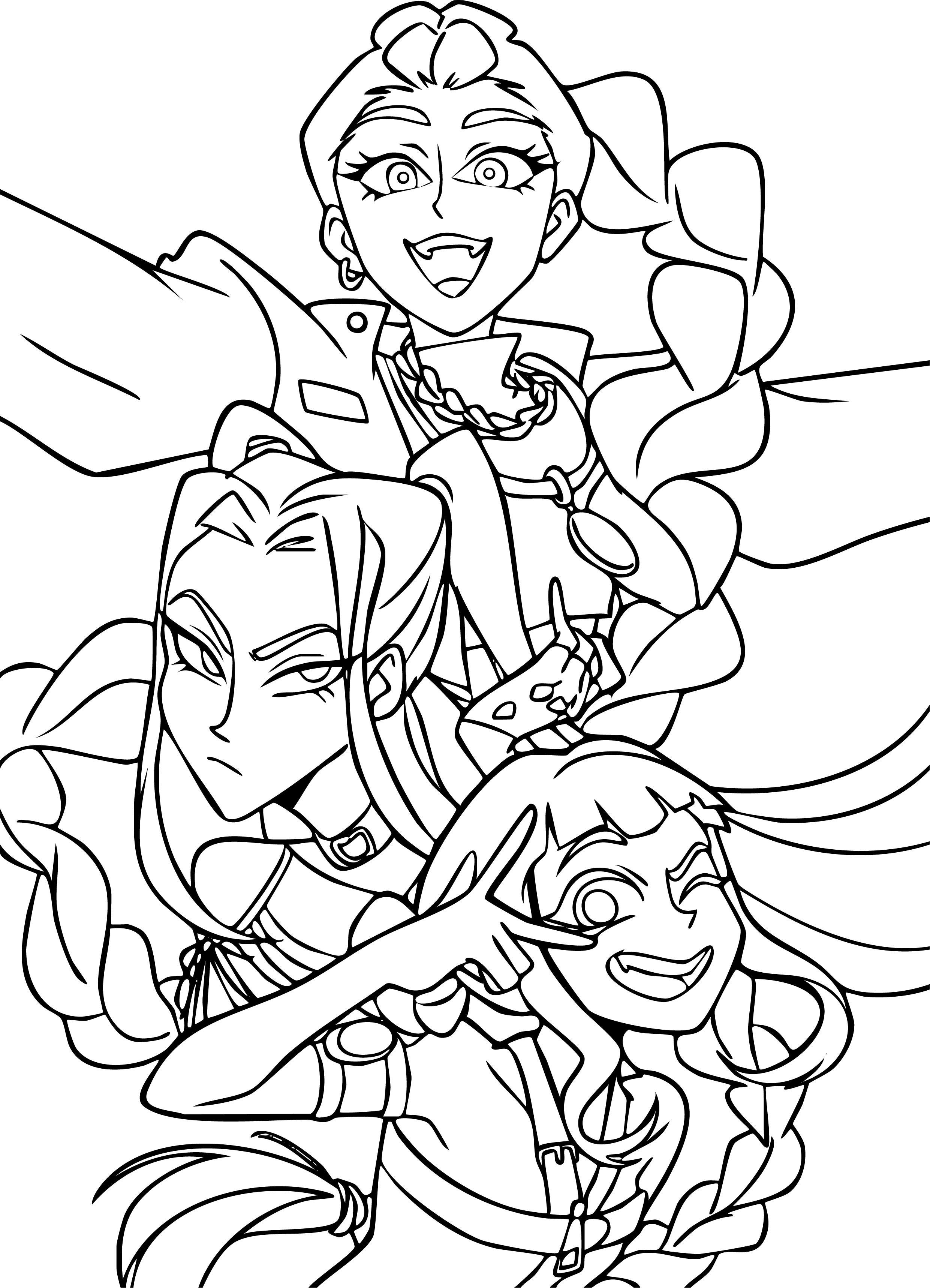 Huntrix Team from KPop Demon Hunters coloring page. Rumi, Mira, and Zoey, in a detailed group art with multiple expressions.