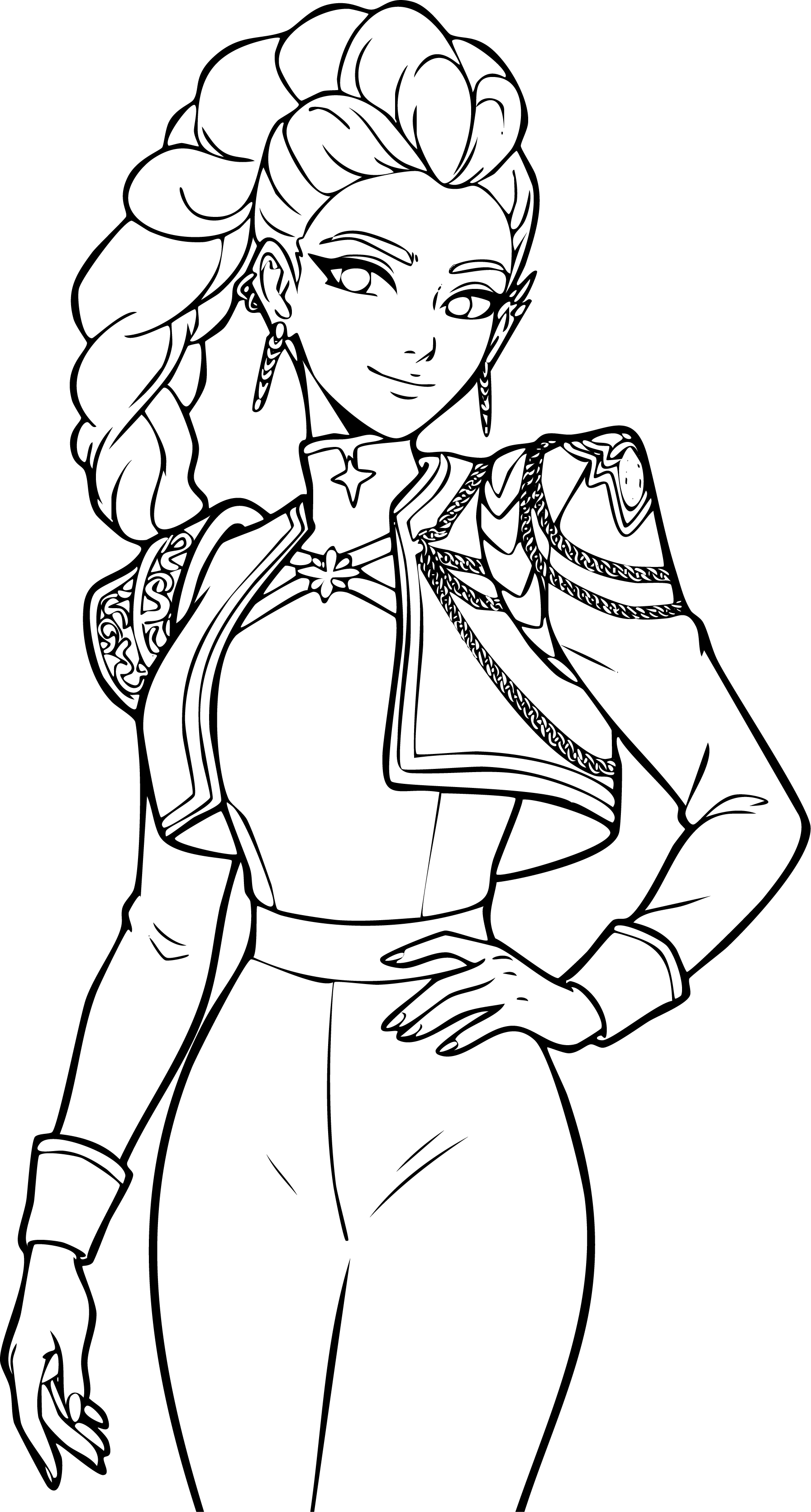 Rumi from KPop Demon Hunters coloring page. Detailed portrait with her purple braided ponytail and ornate gold jacket.