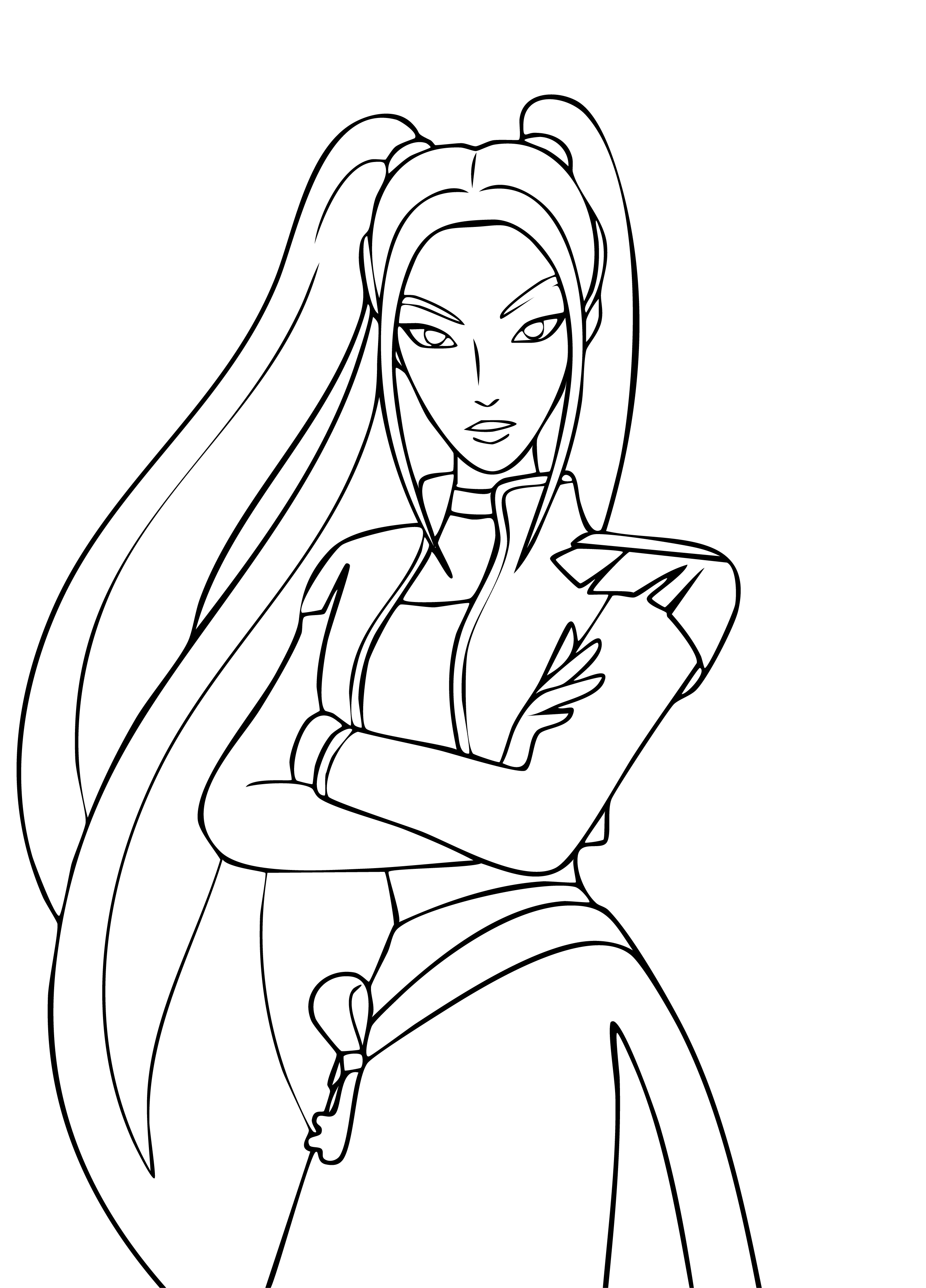 Mira from KPop Demon Hunters coloring page. 3D render with pink twin tails and crossed arms in a white and gold jacket.