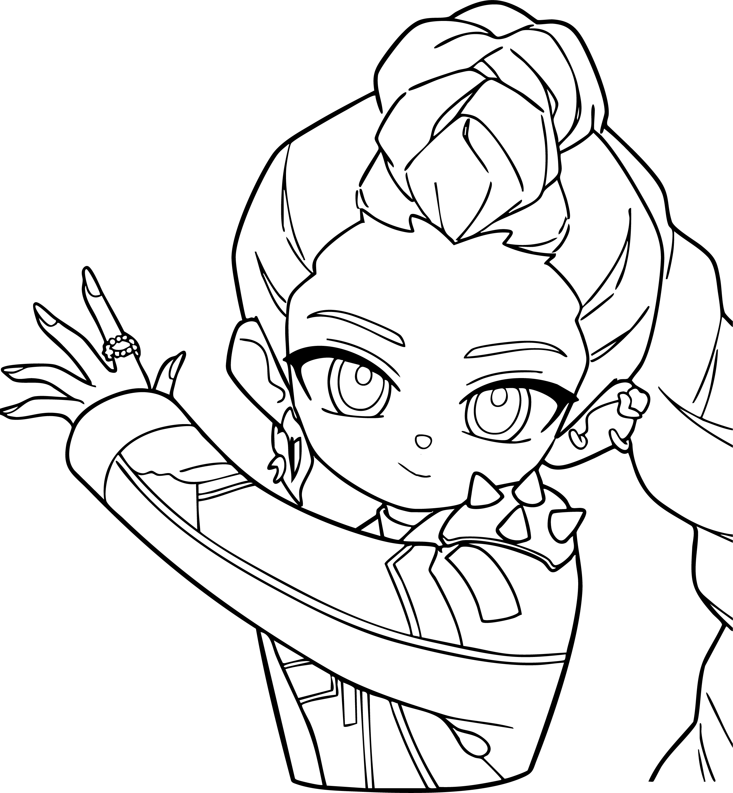 Rumi from KPop Demon Hunters coloring page. Waving in a yellow Seoul jacket with a blue tiger pet.