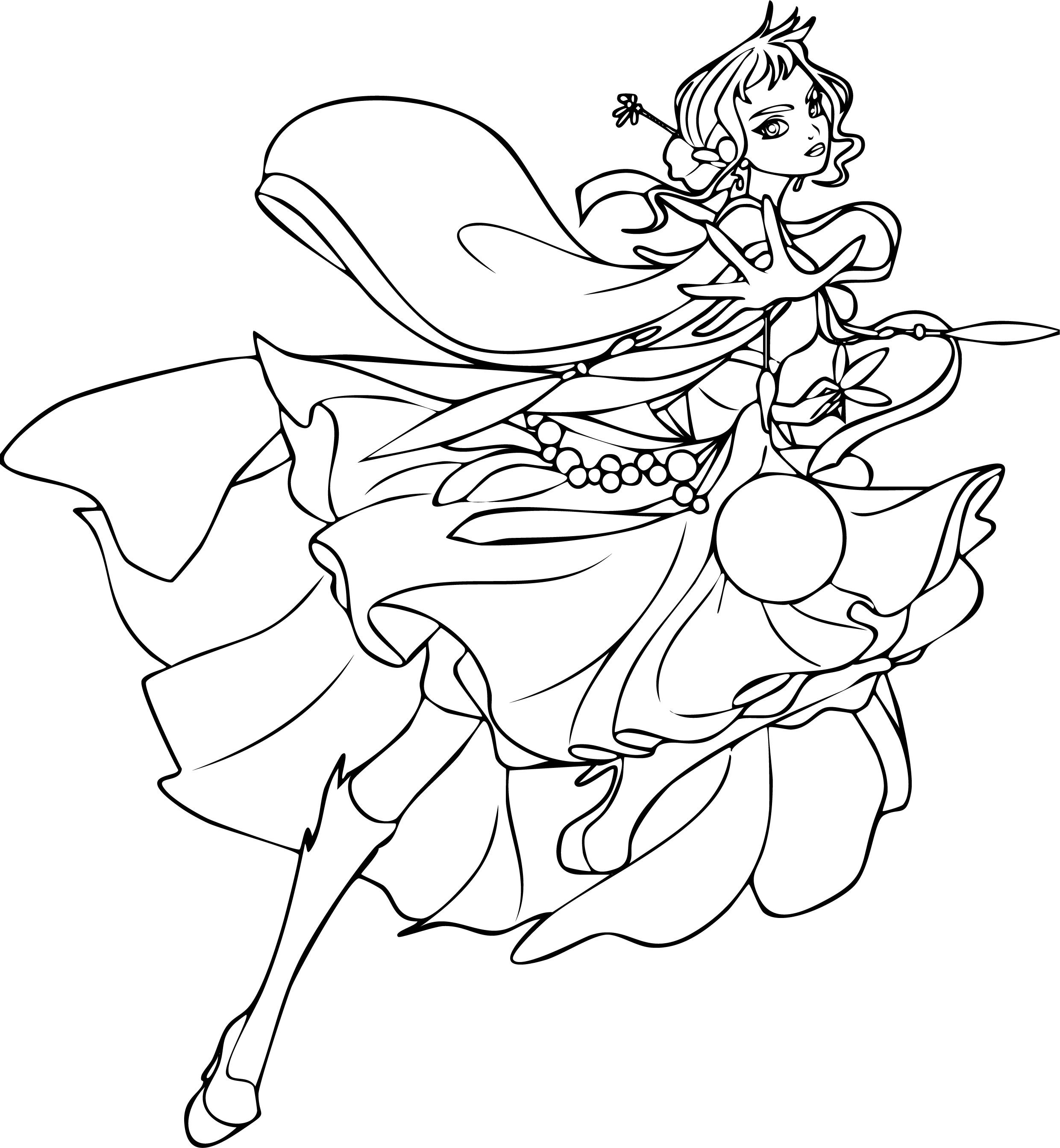 Zoey from KPop Demon Hunters coloring page. Dark space buns, now styled brown and adorned with flowers, in a golden gown.
