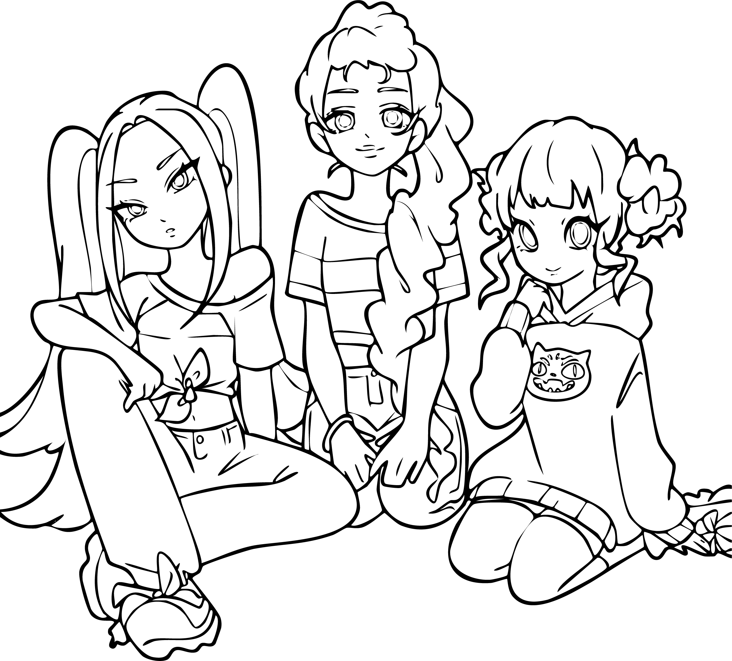 Huntrix Team from KPop Demon Hunters coloring page. The three girls sitting together in relaxed, casual outfits.