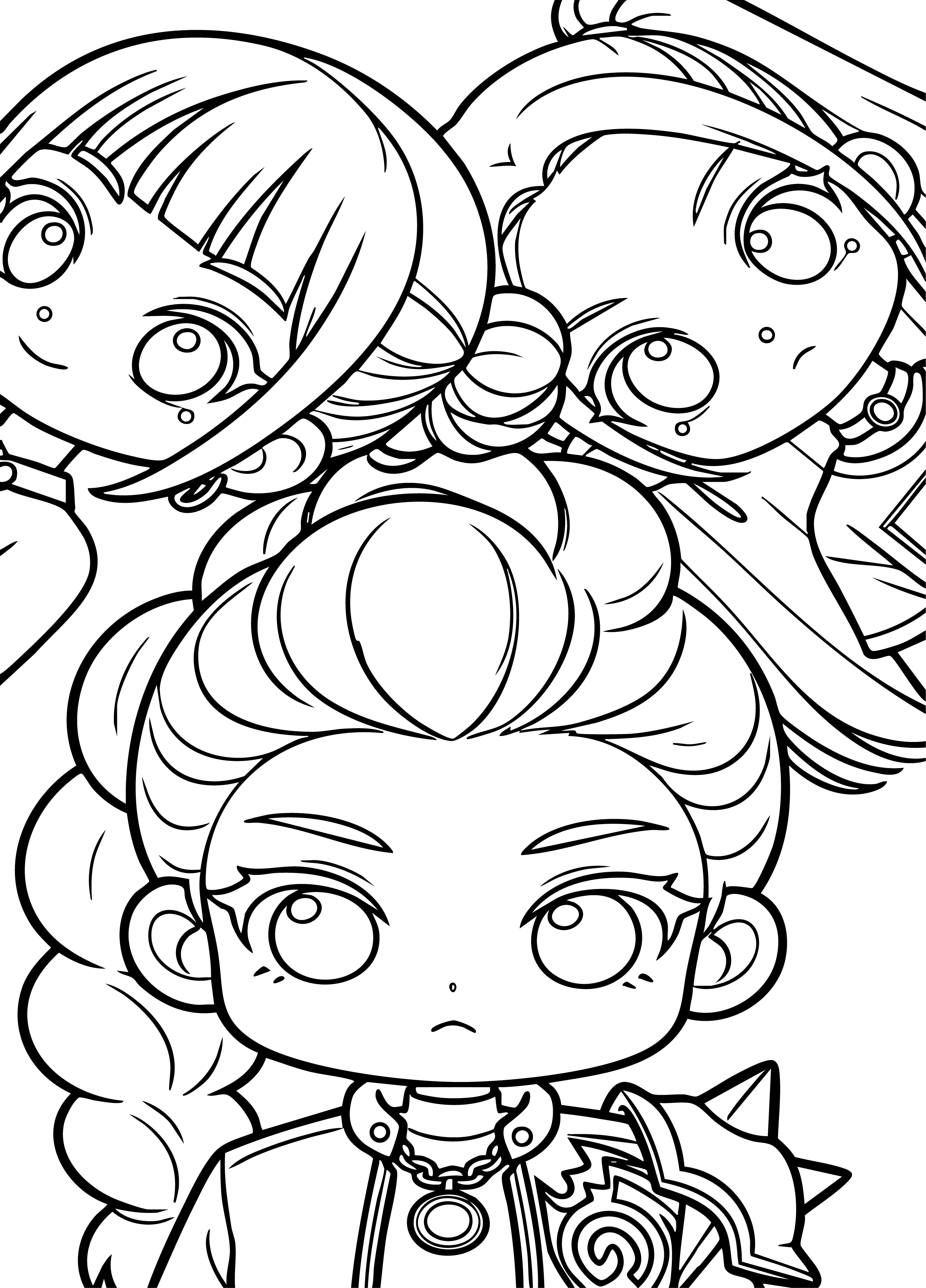 Huntrix Team from KPop Demon Hunters coloring page. A close-up group shot of the three members' faces.
