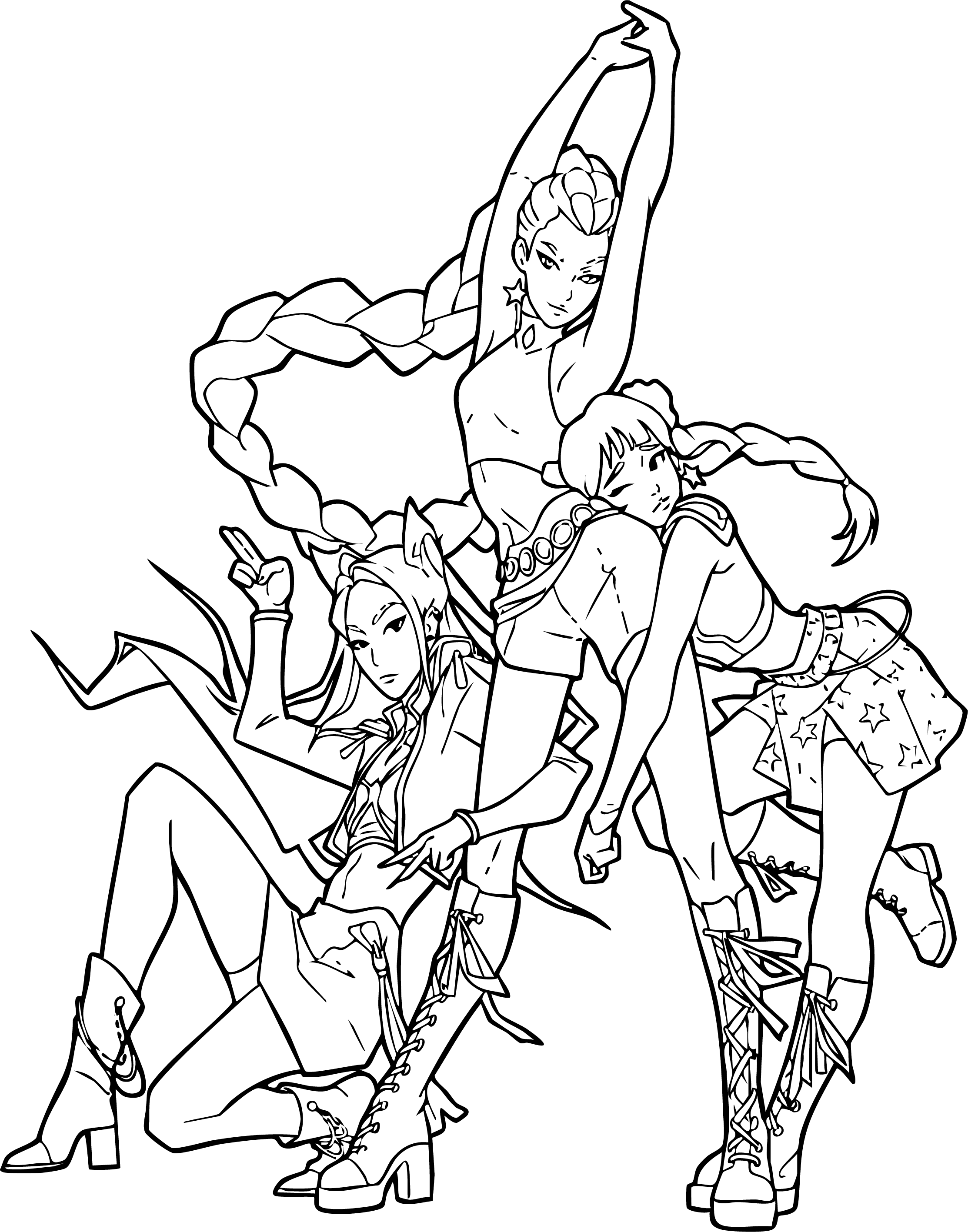 Huntrix Team from KPop Demon Hunters coloring page. The trio striking a dynamic dance pose in white and gold stage outfits.