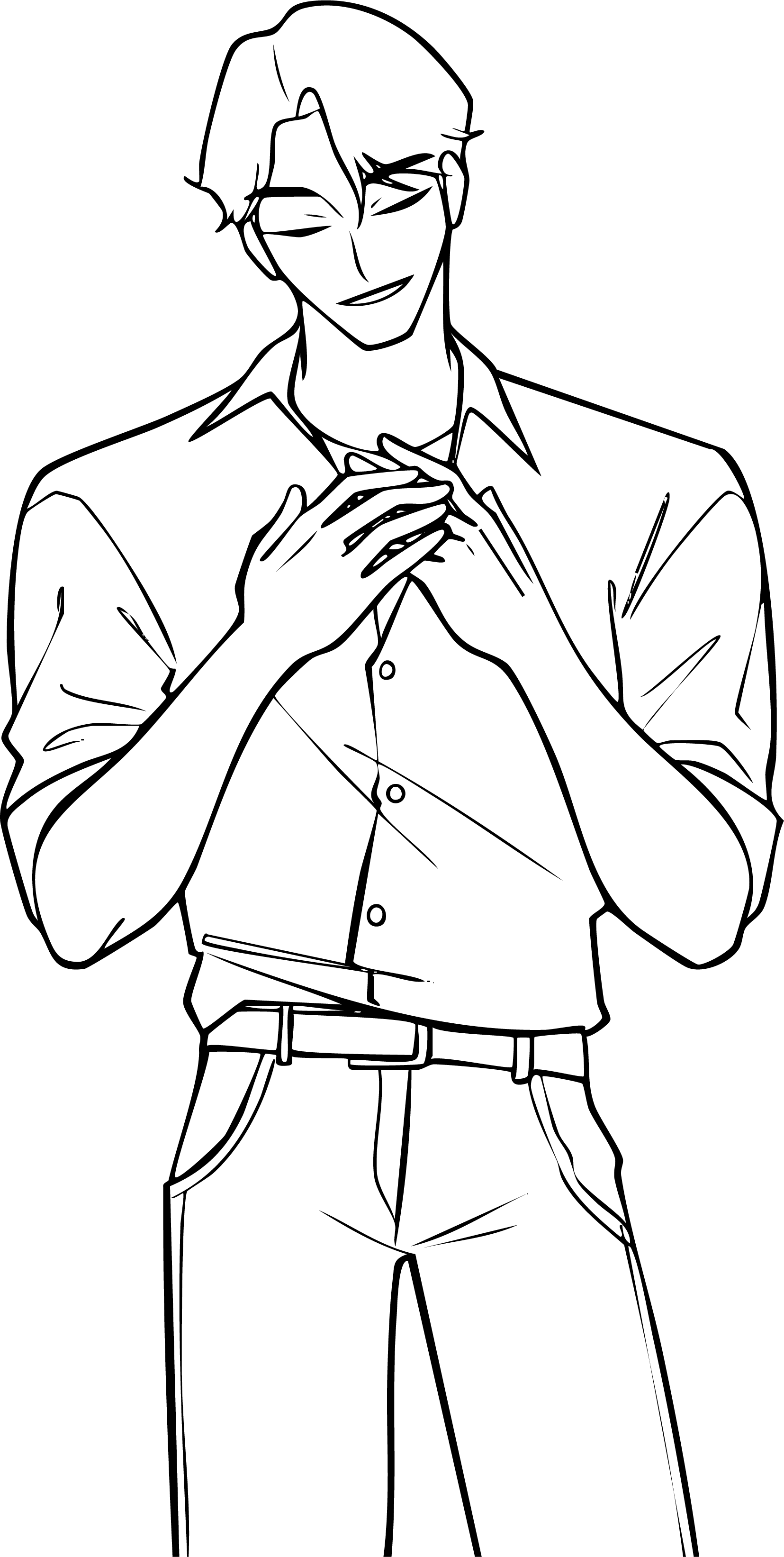 Jinu from Saja Boys in Kpop Demon Hunters coloring page. The center member with black hair and a checkered shirt posing with a confident smile.