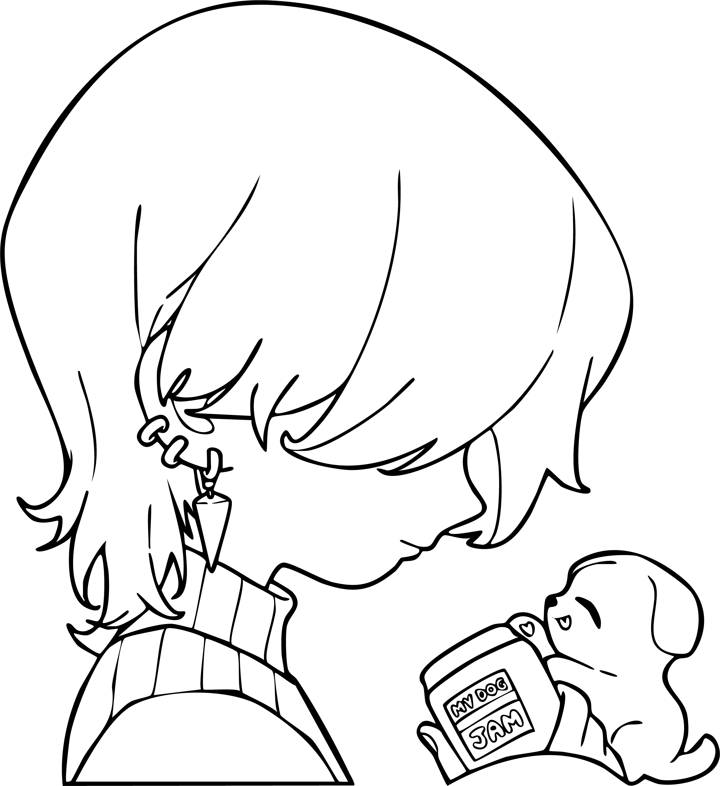 Mystery from KPop Demon Hunters coloring page. Purple mullet hair in profile holding a jar.