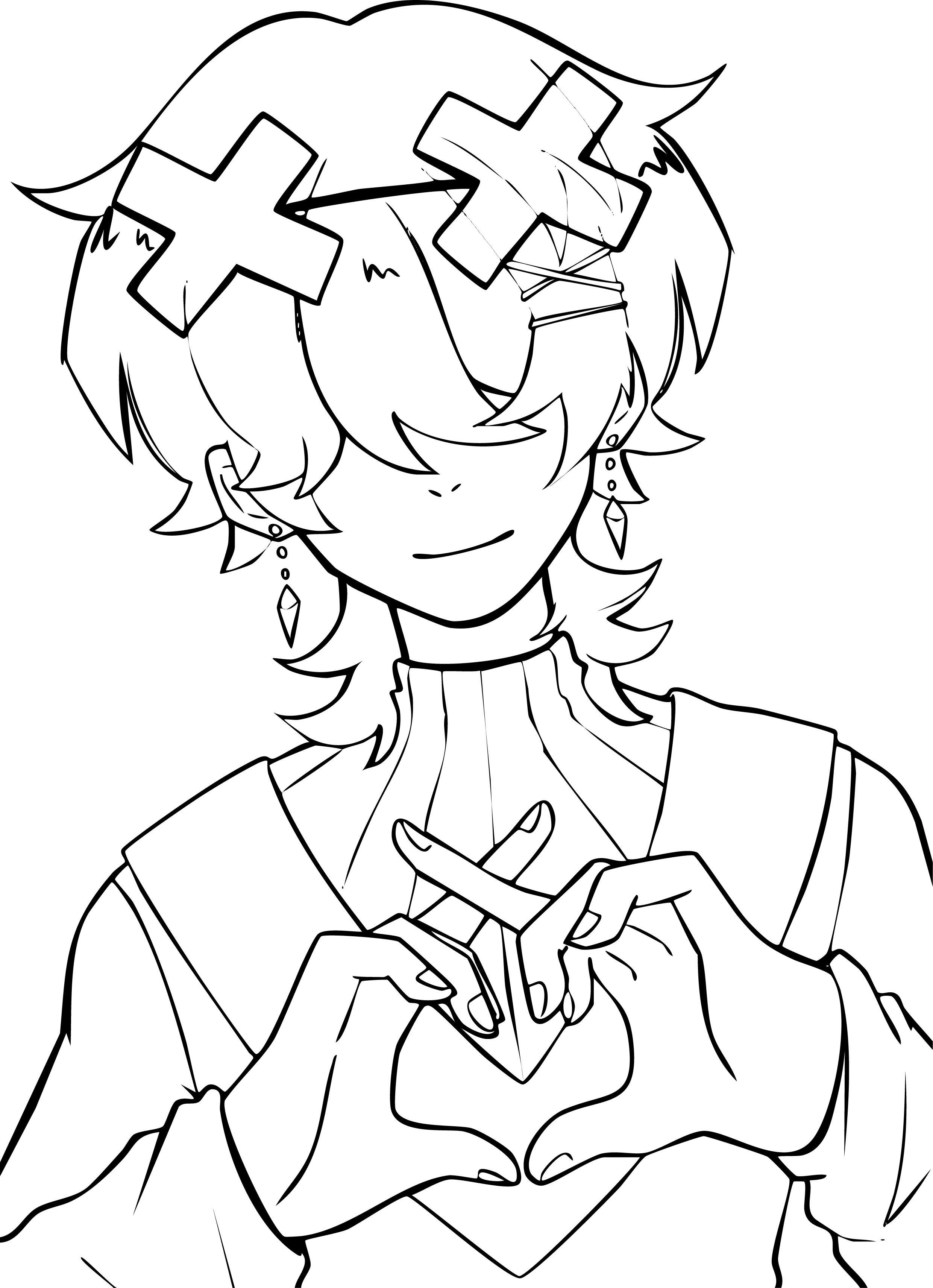 Mystery Saja from KPop Demon Hunters coloring page. Purple hair, heart-shaped hands over face, wearing a turtle neck.