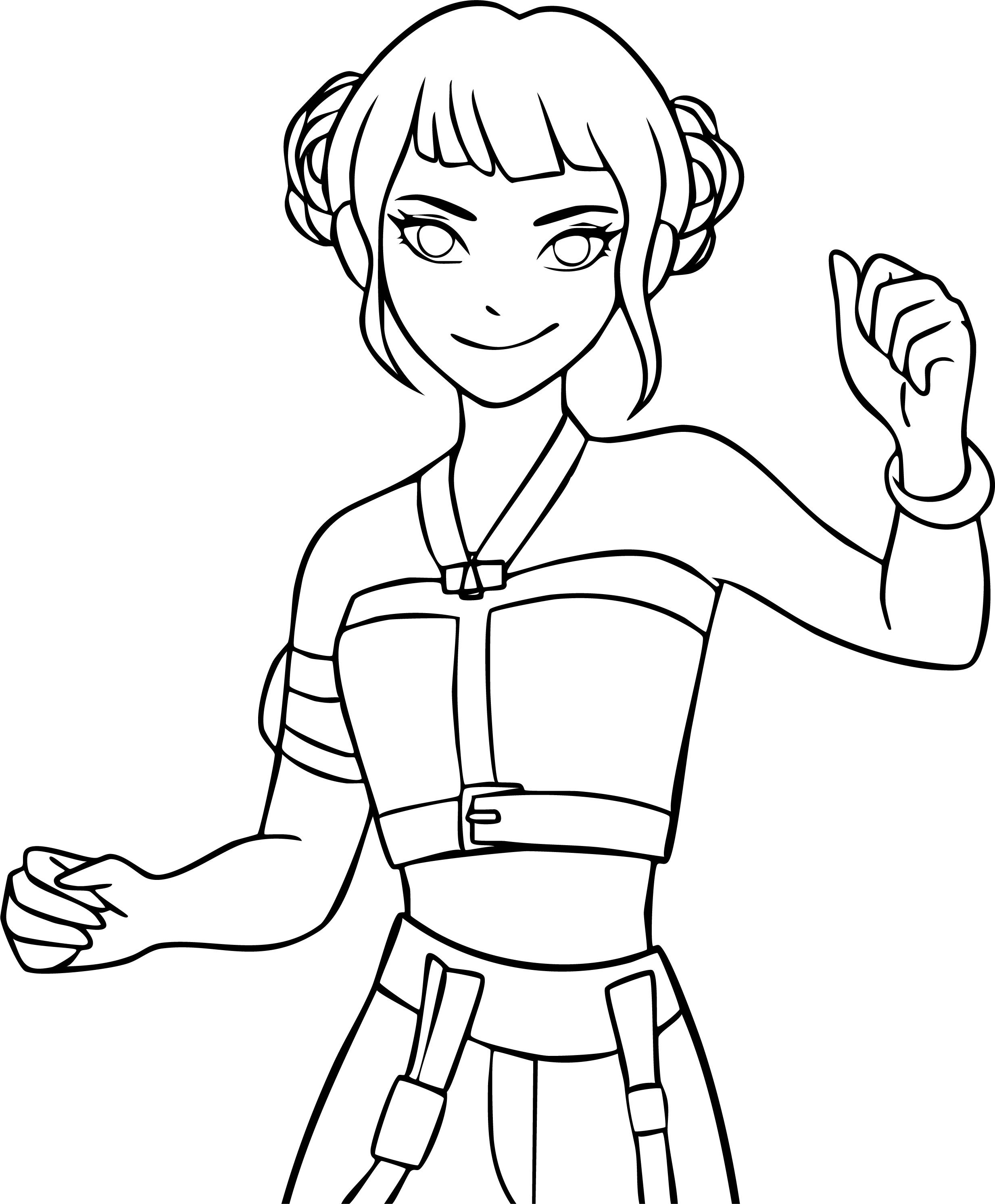Zoey from KPop Demon Hunters coloring page. Dark space buns, manipulating glowing holographic lines.