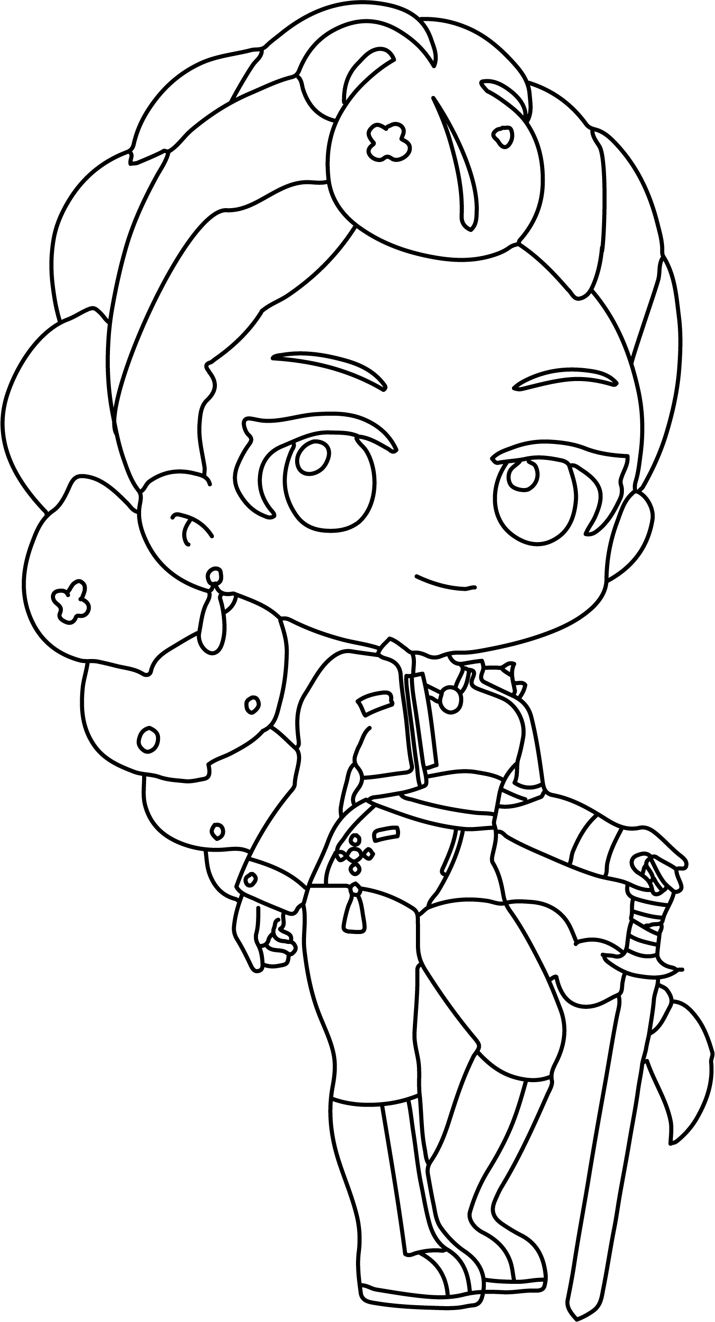 Rumi from KPop Demon Hunters coloring page. Long purple braid, holding a sword in a standing pose.