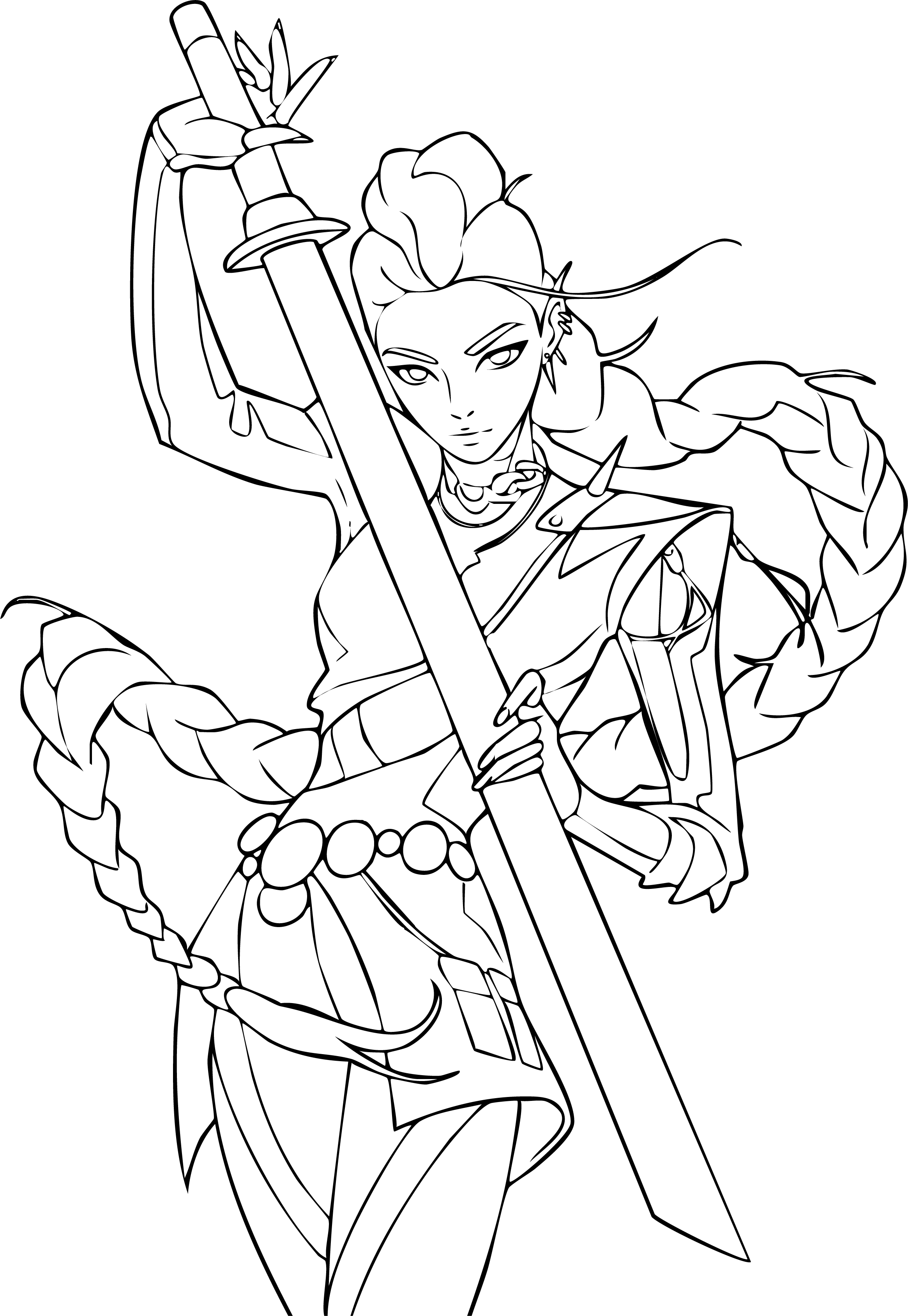 Rumi from KPop Demon Hunters coloring page. She wields a massive, glowing purple sword with a fierce expression.