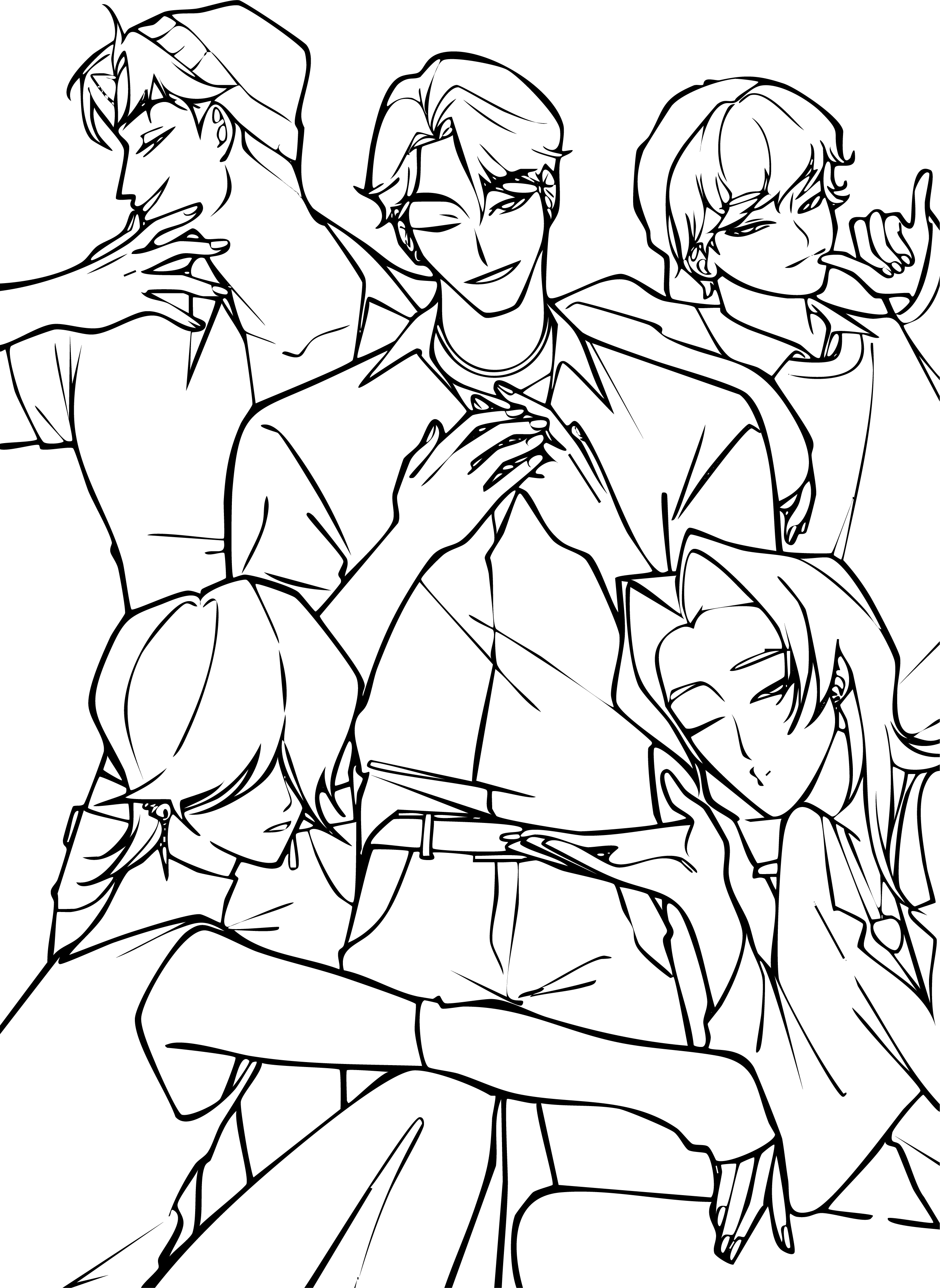 Saja Boys from KPop Demon Hunters coloring page. Group of four stylish male idols posing together.