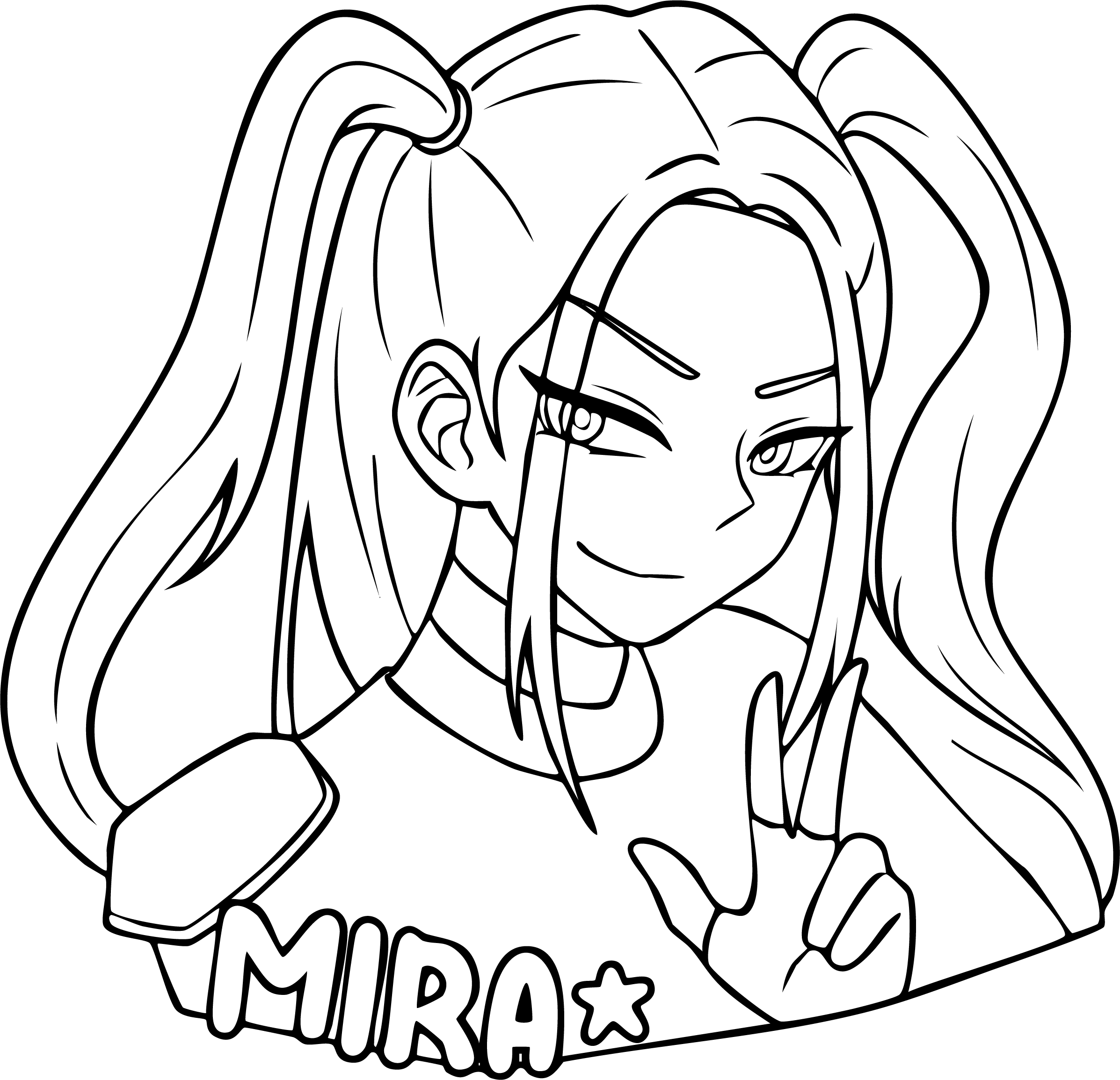 Mira from KPop Demon Hunters coloring page. Sassy pink twin tail girl gives a peace sign.