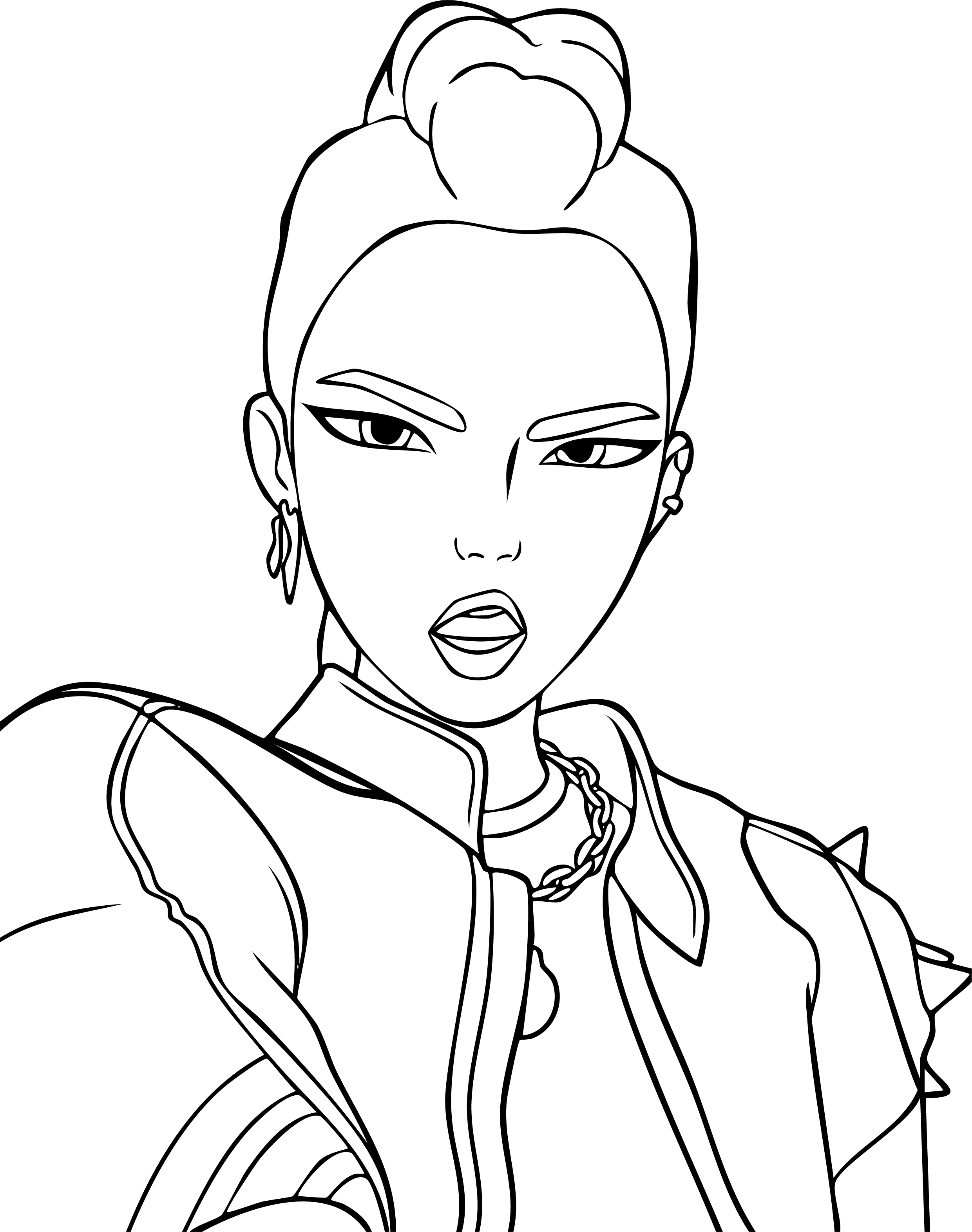 Rumi from KPop Demon Hunters coloring page. Close-up portrait of her serious, intense gaze in a yellow jacket.