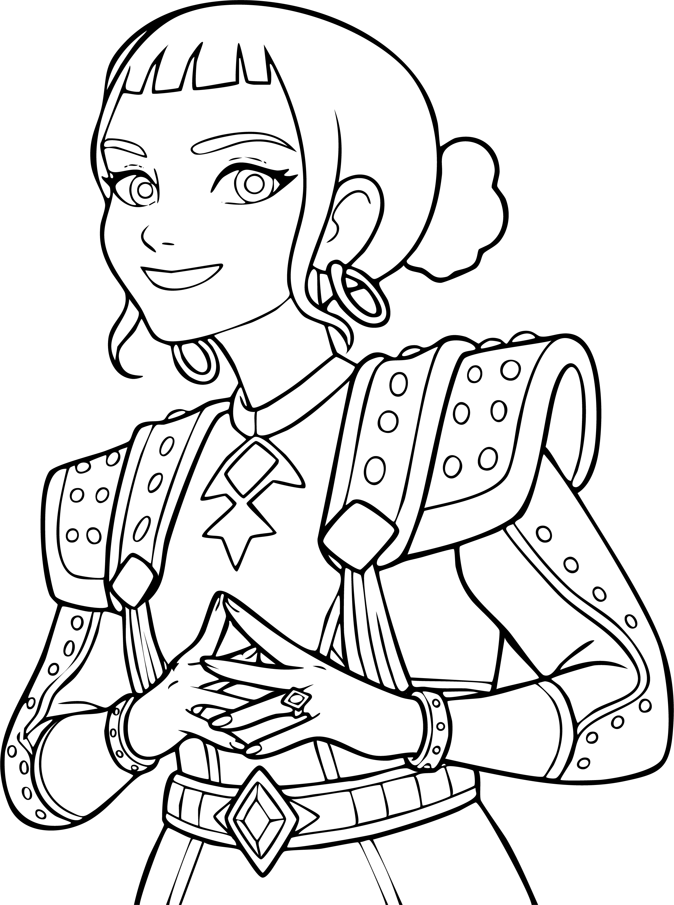 Zoey from KPop Demon Hunters coloring page. Close-up portrait featuring her dark space buns and a bright smile.
