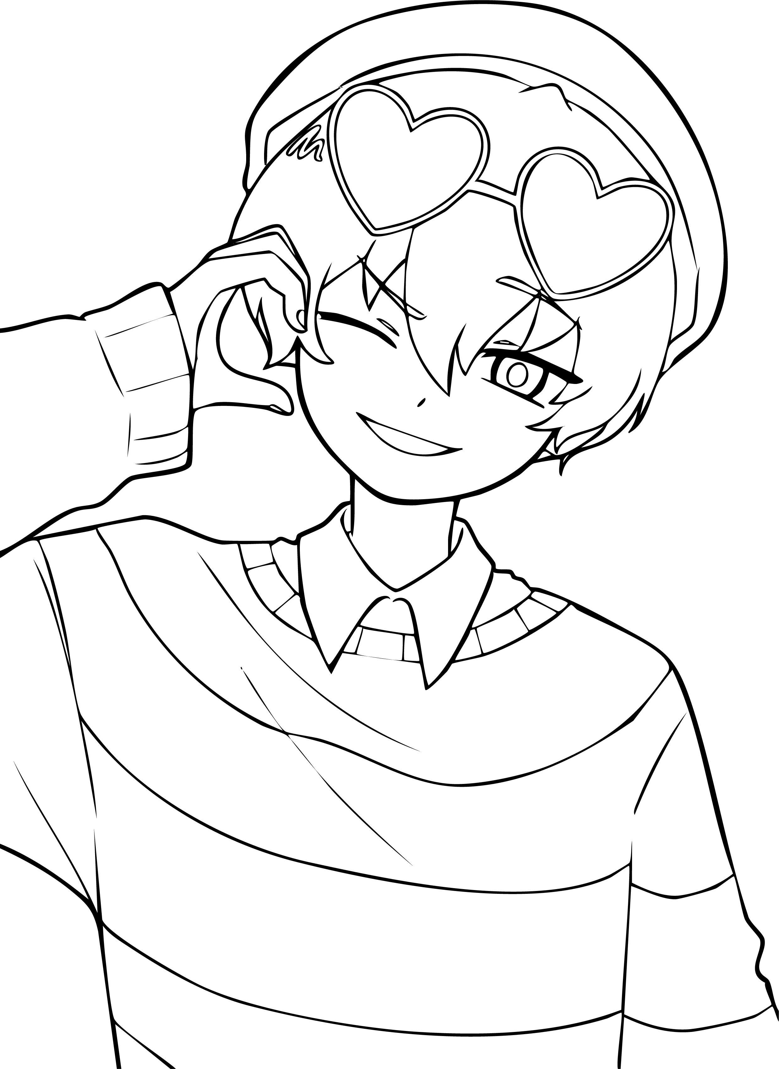 Baby Saja from KPop Demon Hunters coloring page. Mint hair, heart sunglasses, and a striped sweater winking happily.