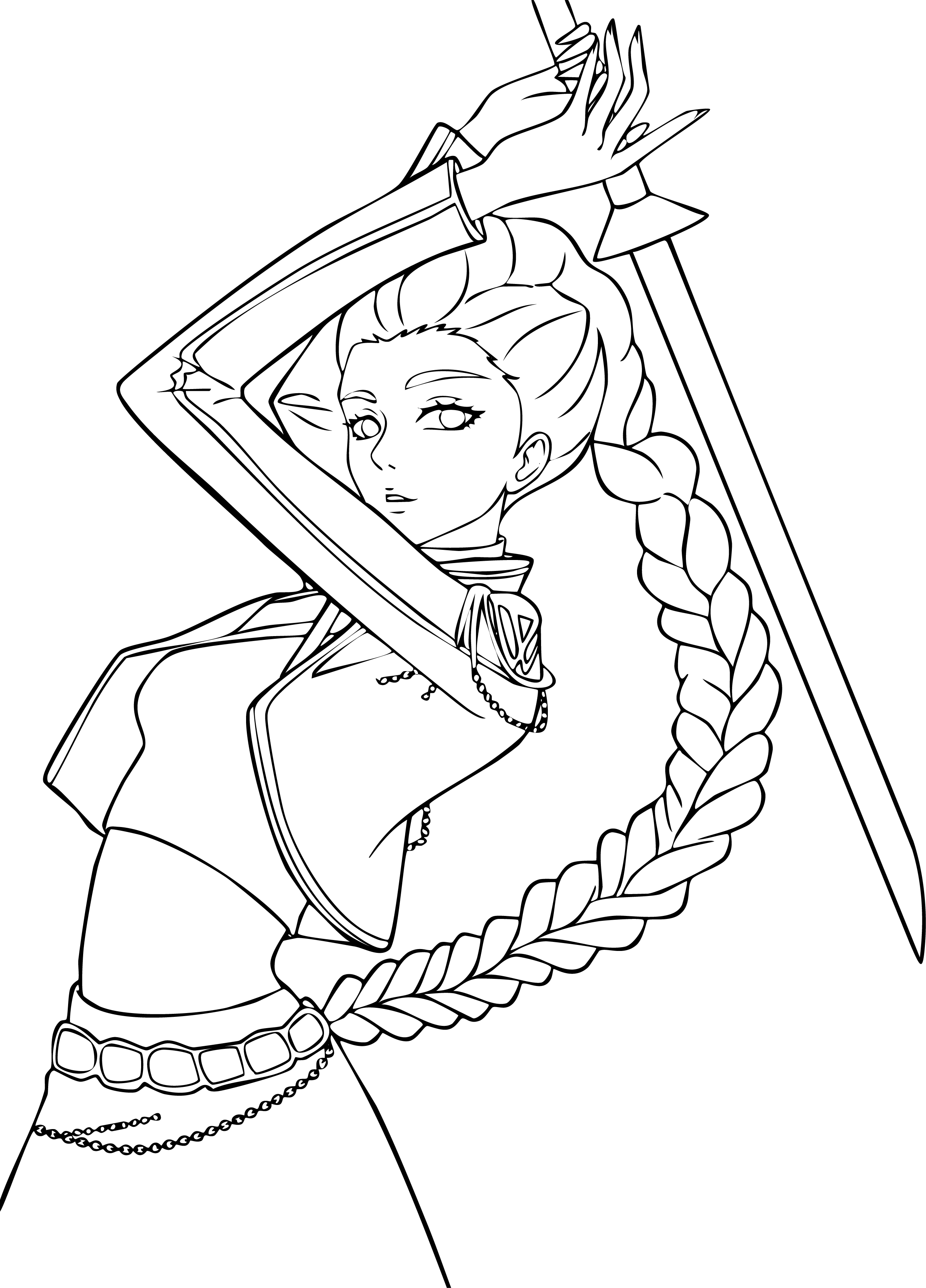 Rumi from KPop Demon Hunters coloring page. Long purple braid, wielding a glowing blue sword.