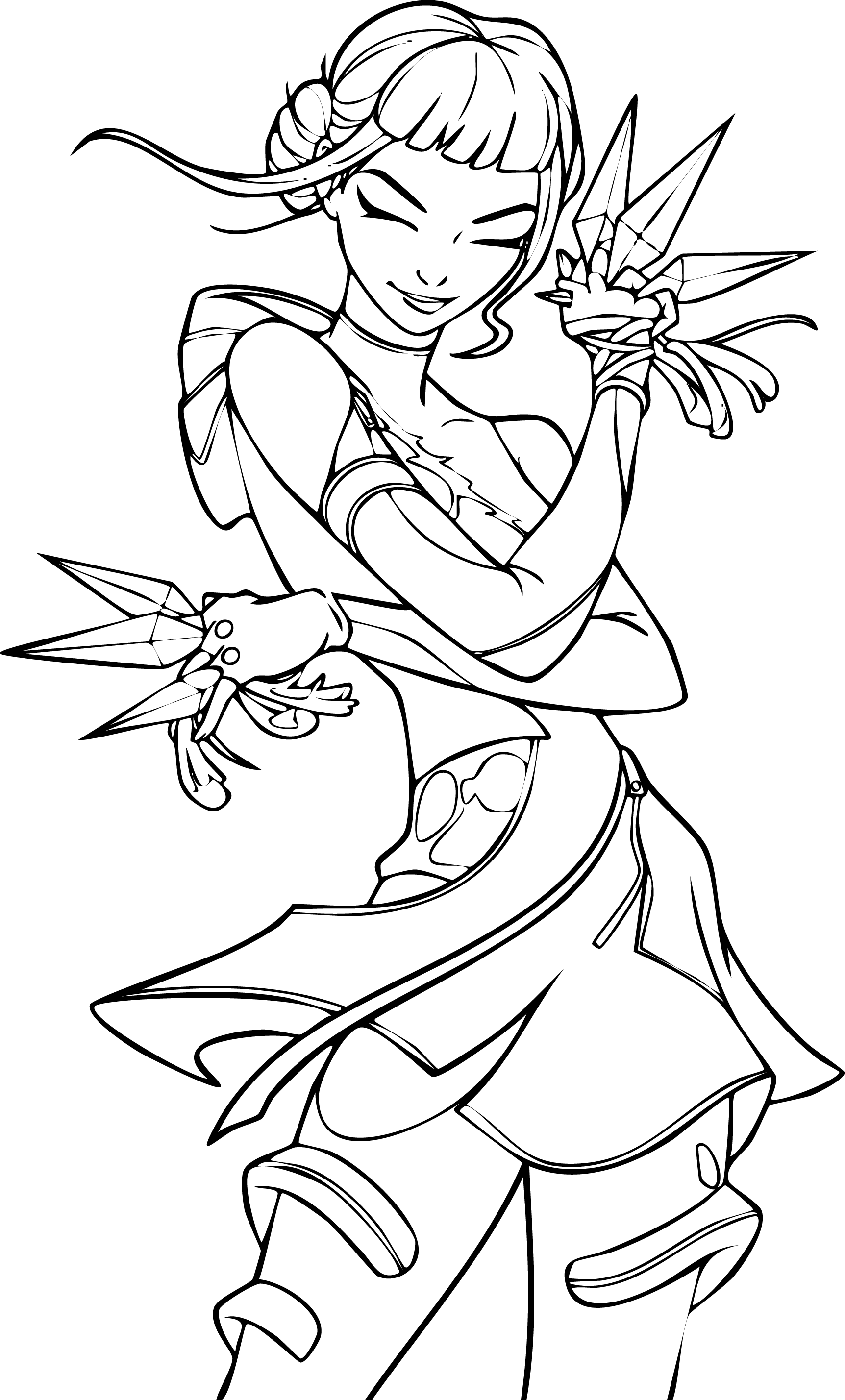 Zoey from KPop Demon Hunters coloring page. She stands with closed eyes, summoning two glowing daggers with magical aura.