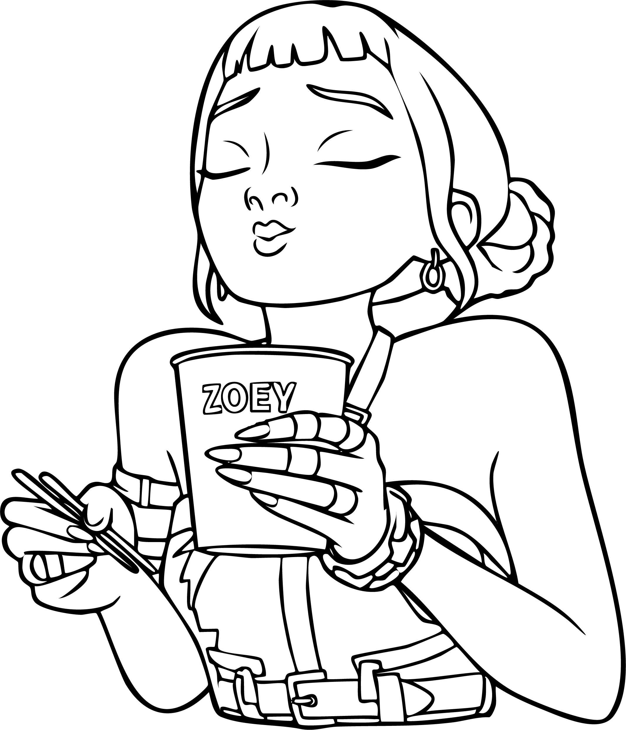 Zoey from KPop Demon Hunters coloring page. Enjoying a cup of 'Zoey' brand noodles with chopsticks.