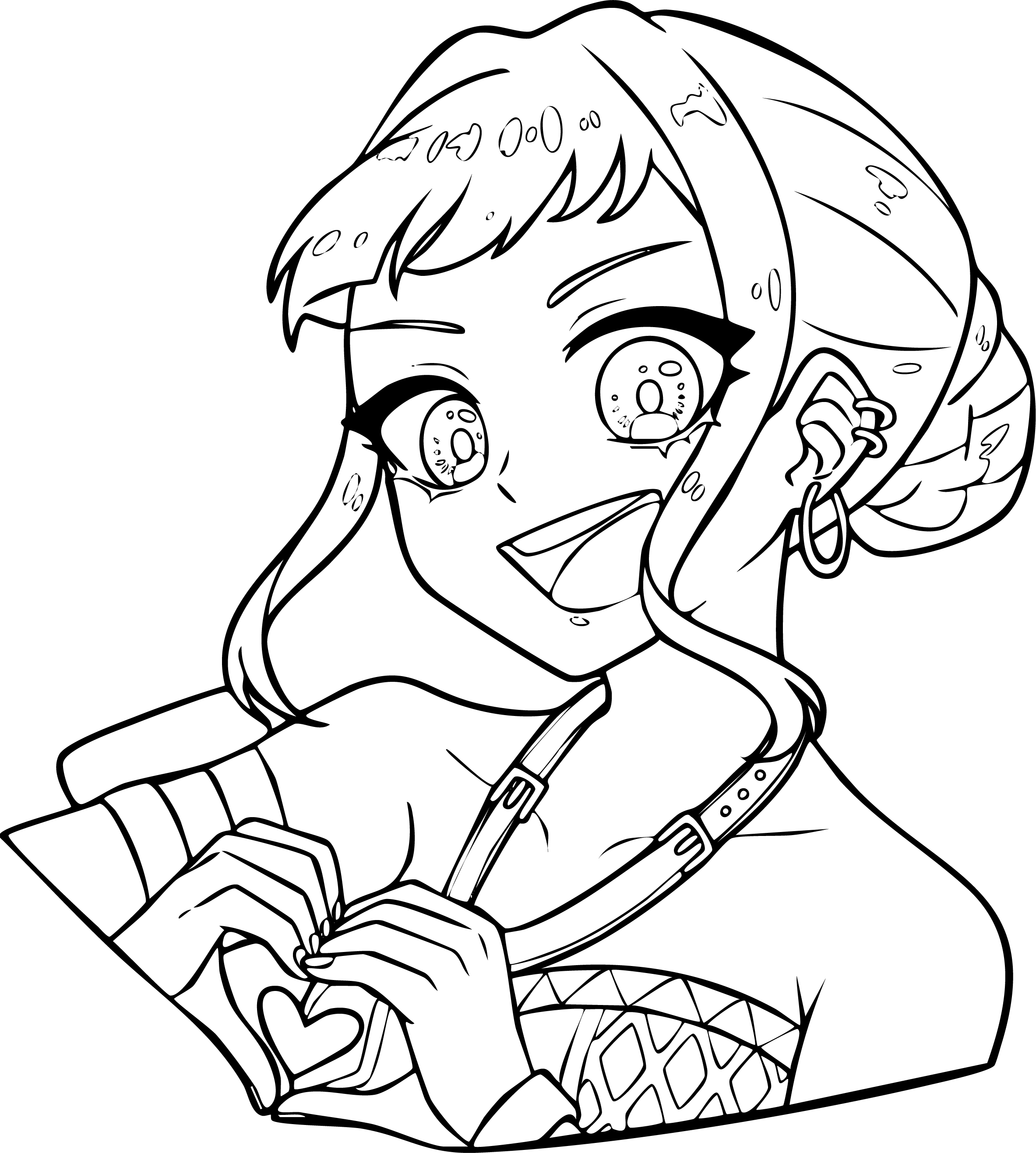 Zoey from KPop Demon Hunters coloring page. Dark space buns, smiling inside a decorative circle with small hearts.