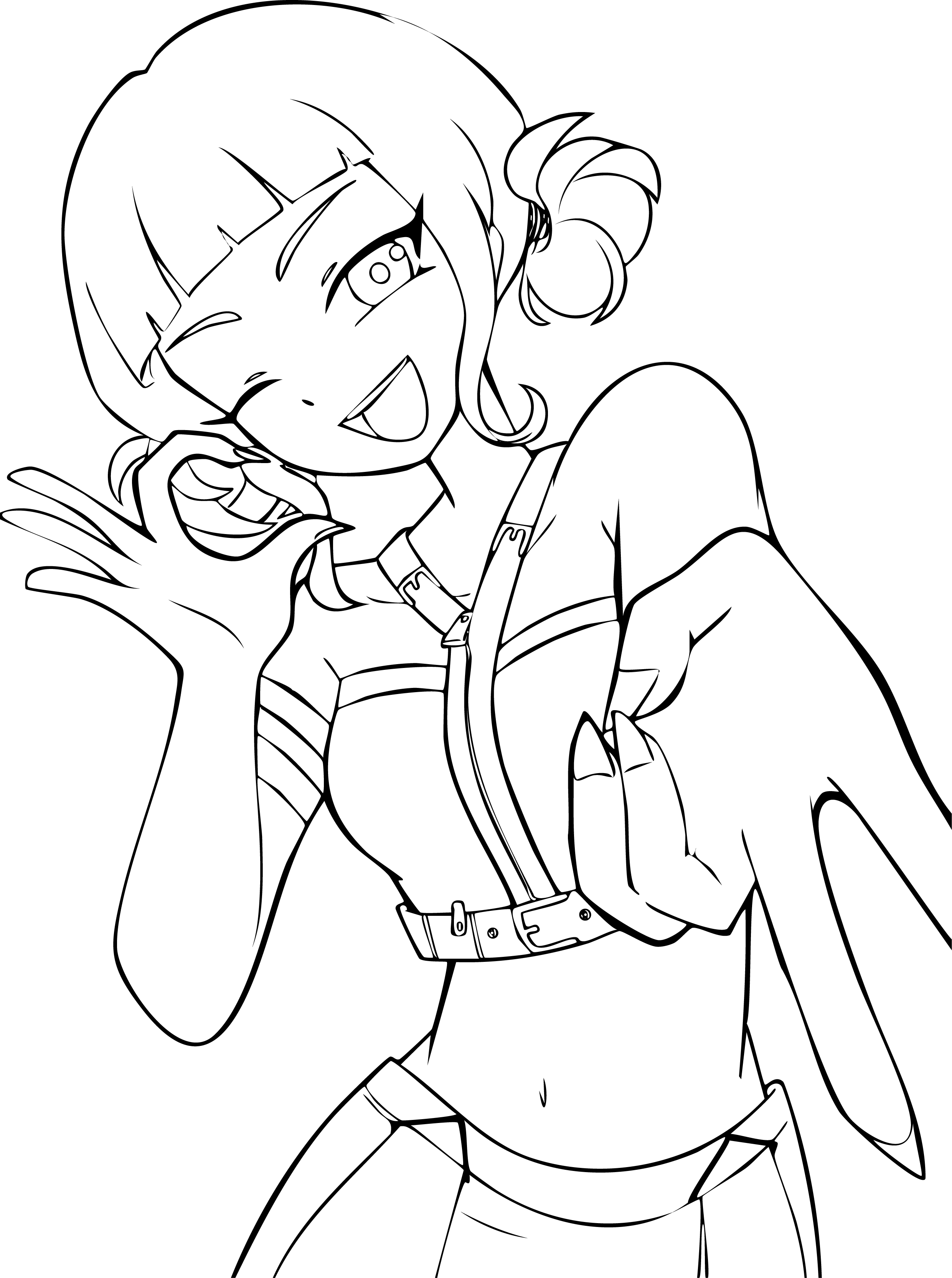 Zoey from KPop Demon Hunters coloring page. Dark space buns, winking and making a finger heart with a joyful smile.