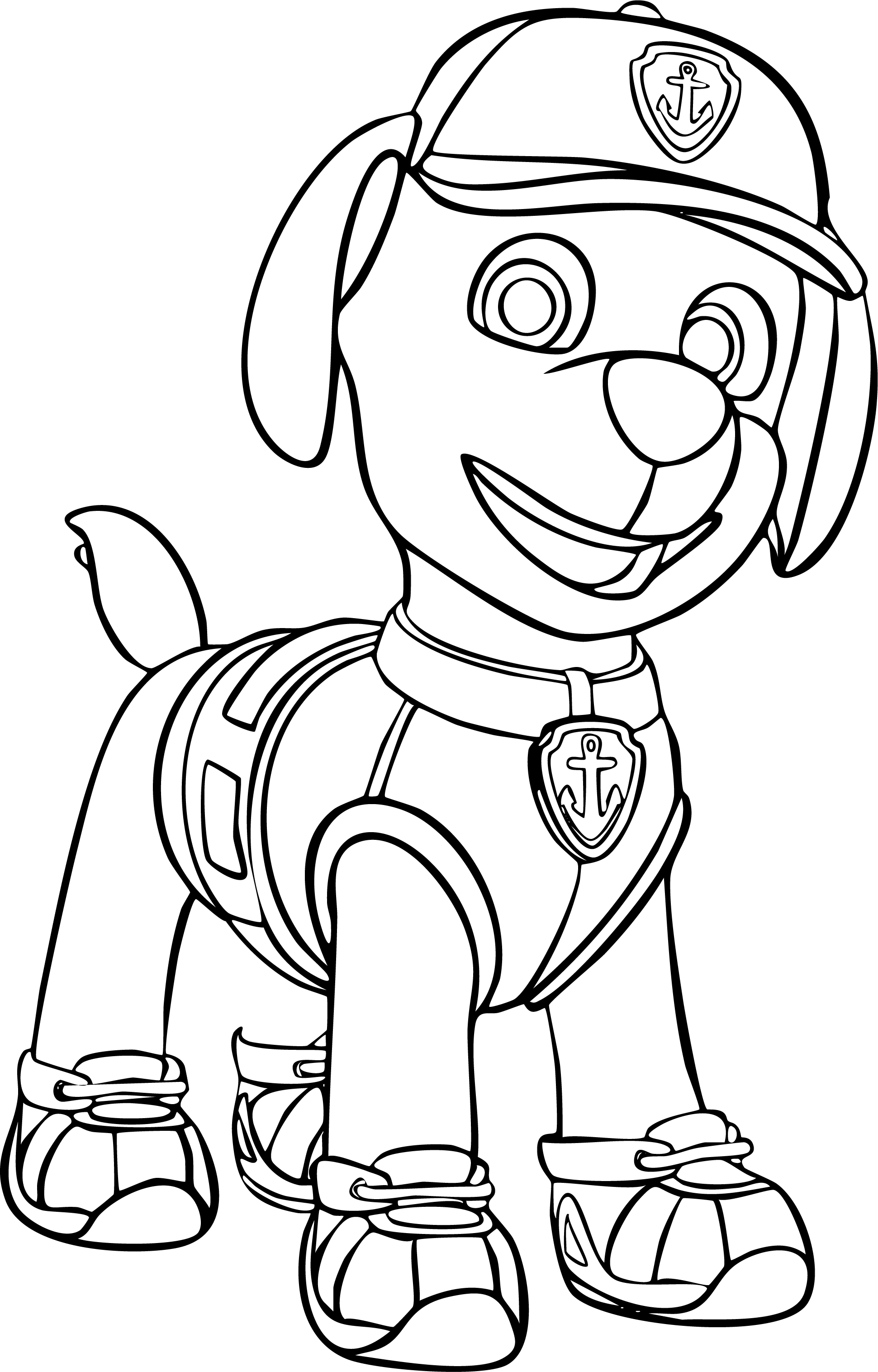 Zuma from Paw Patrol coloring page. Standing line art pup smiling, wearing his anchor hat, life vest, and paw shoes.