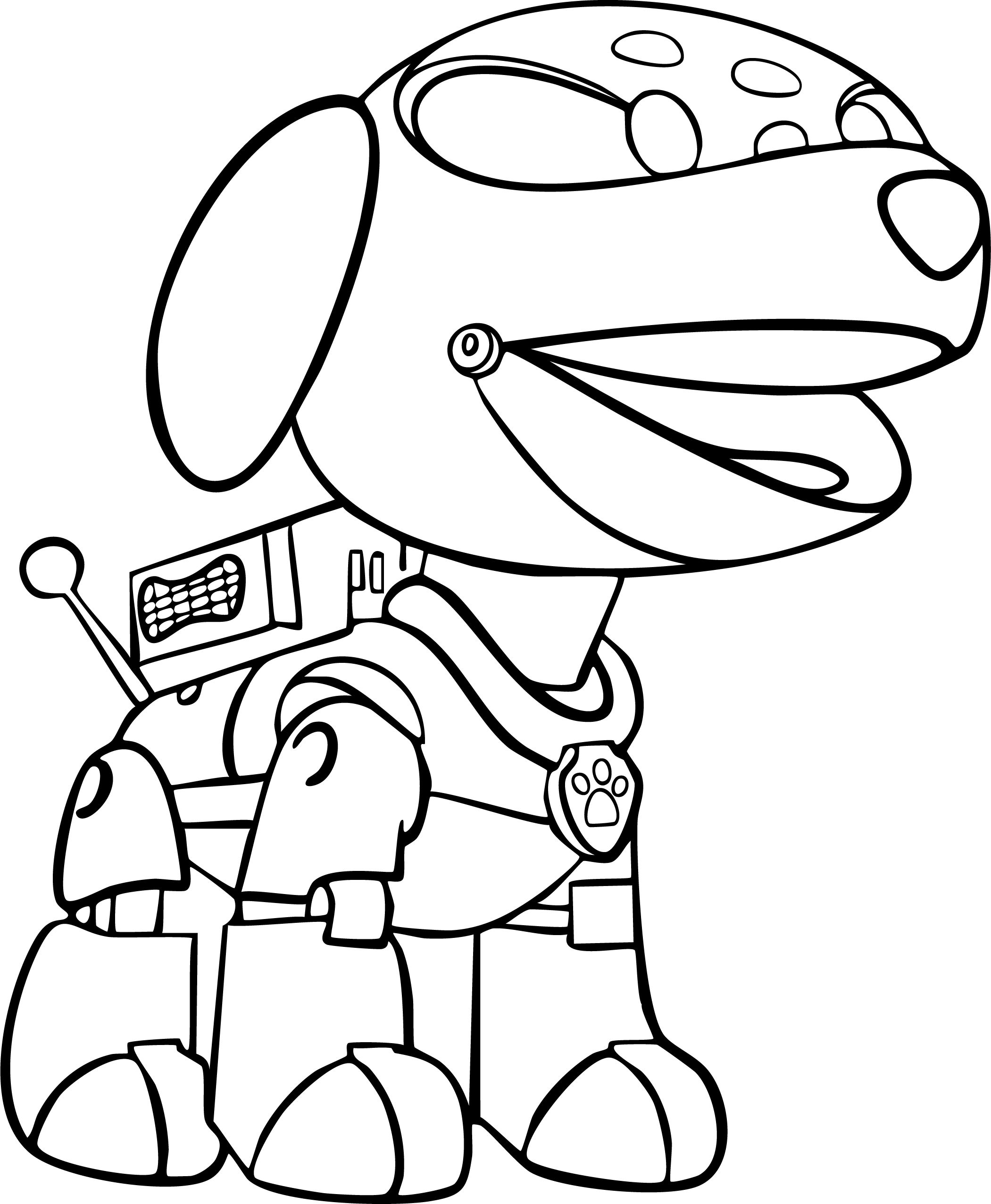 Robo-Dog from Paw Patrol coloring page. Standing mechanical dog with an antenna on its backpack.