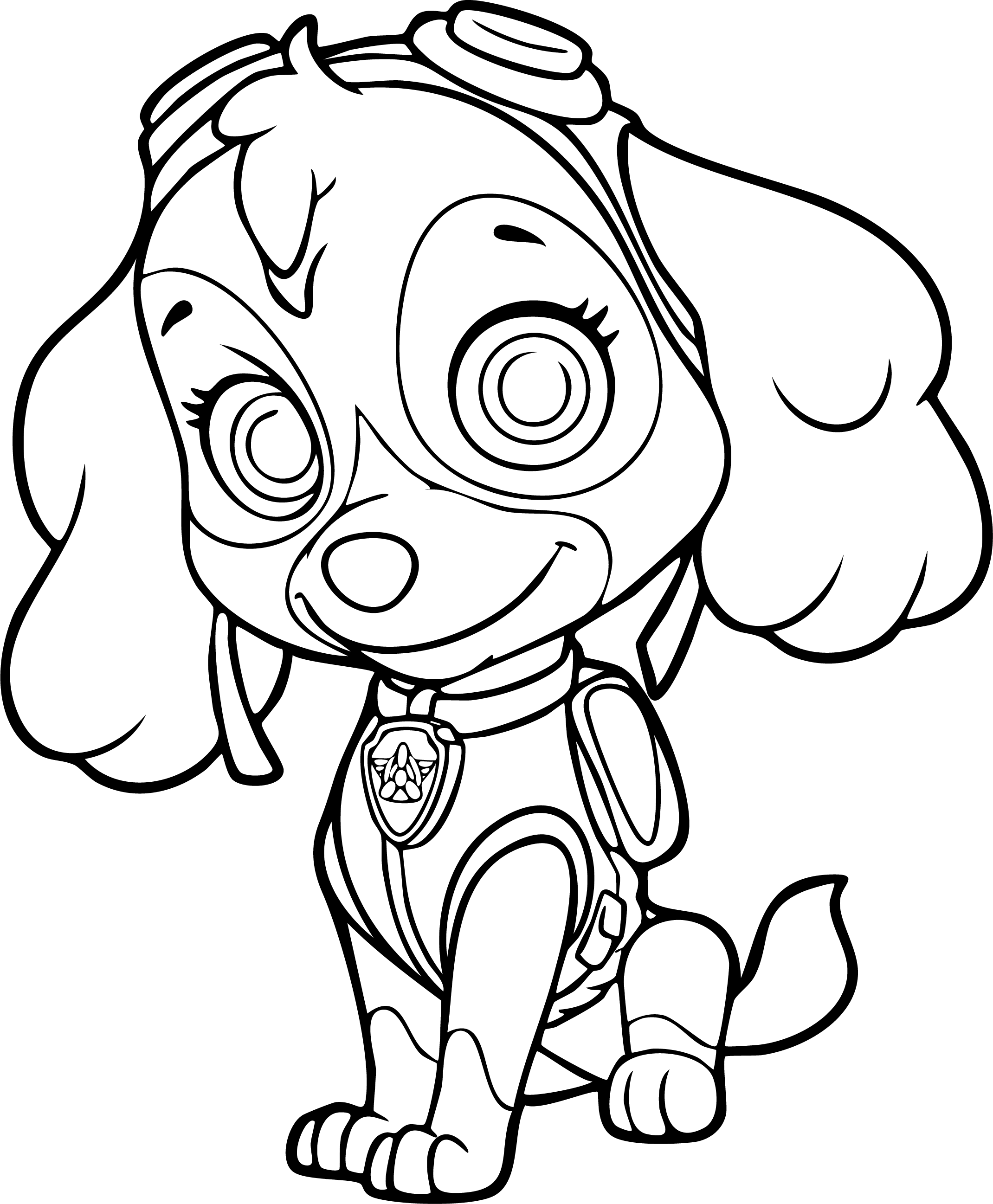 Skye from Paw Patrol coloring page. Cockapoo pup sits with big eyes looking up, wearing her aviator goggles and pack.