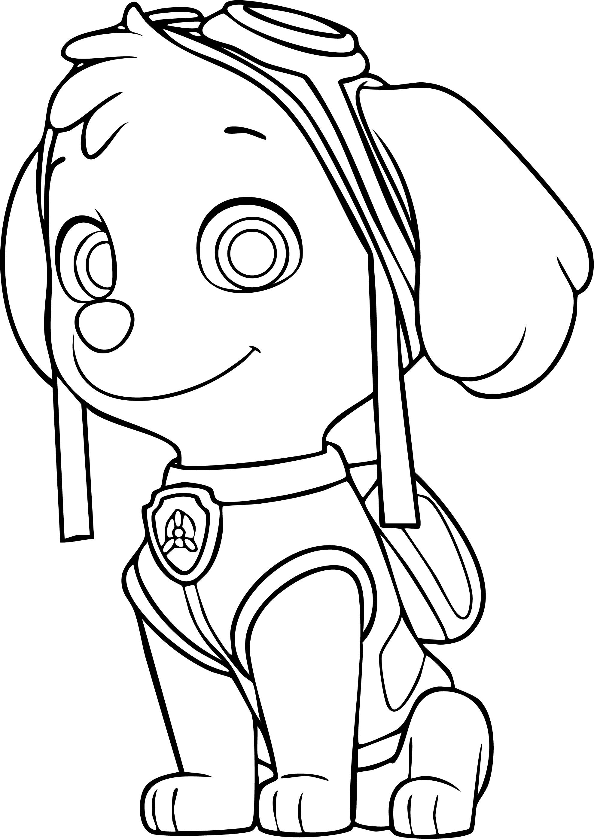Skye from Paw Patrol coloring page. Line art pup sitting and smiling, wearing aviator goggles and her rescue pup pack.