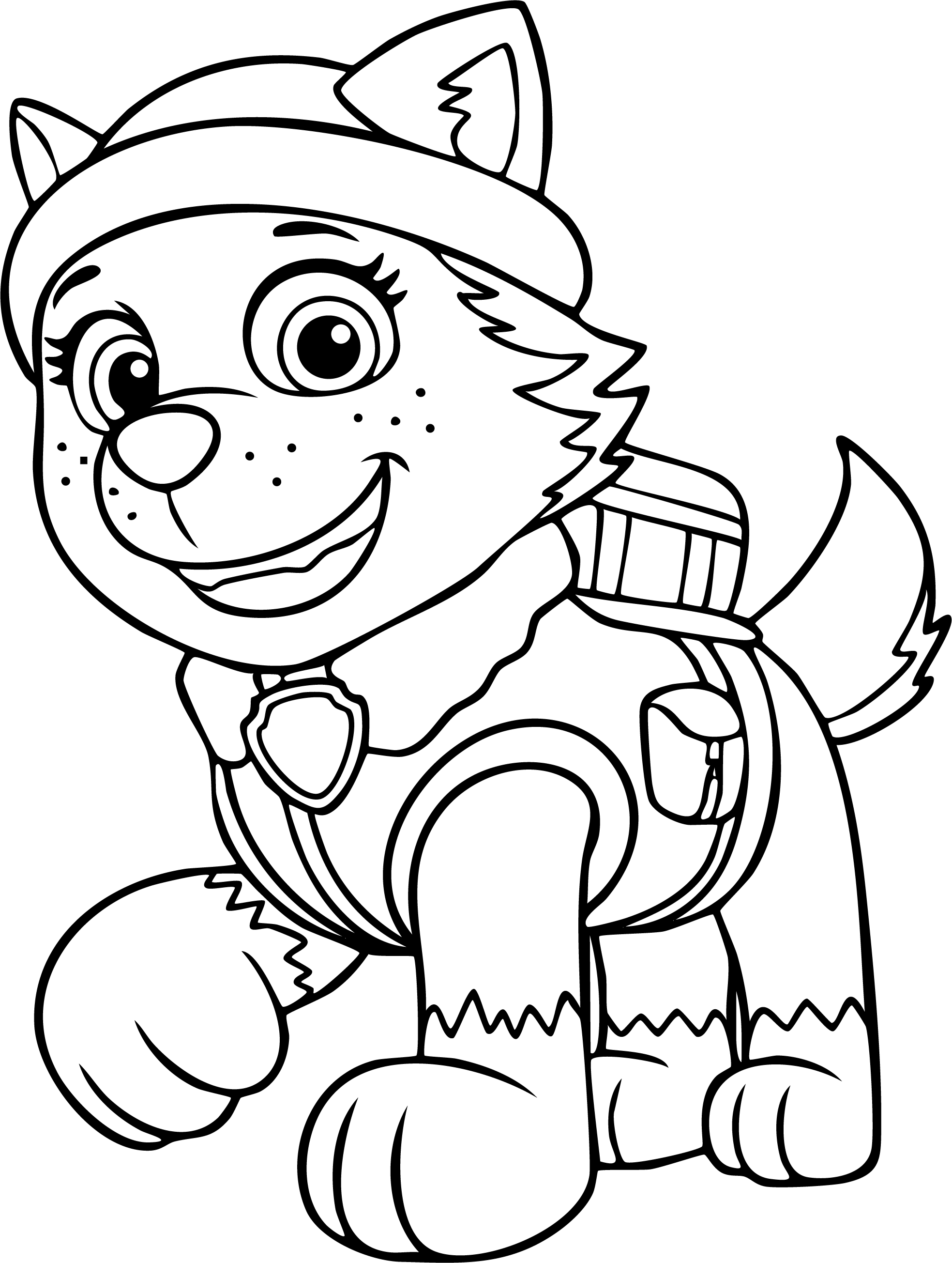 Everest from Paw Patrol coloring page. The husky wears her beanie and pup pack while walking cheerfully.