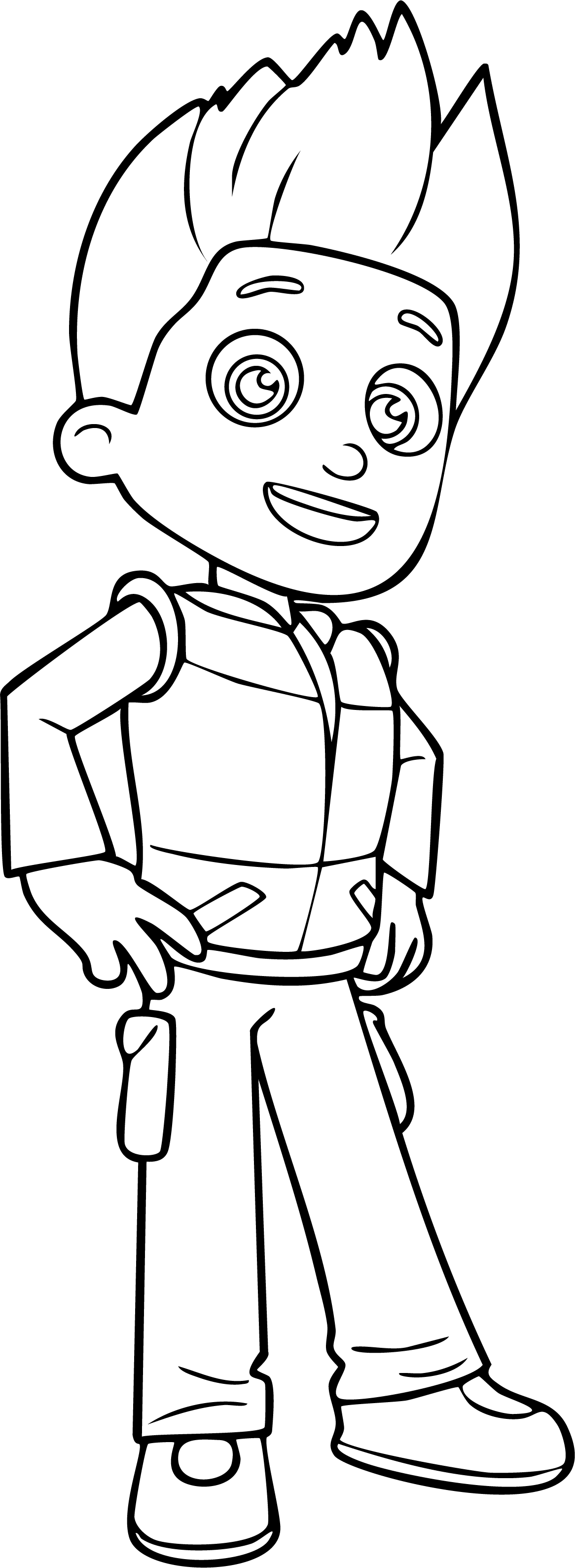 Ryder from Paw Patrol coloring page. Leader Ryder stands confidently with hands on his hips and a happy smile.